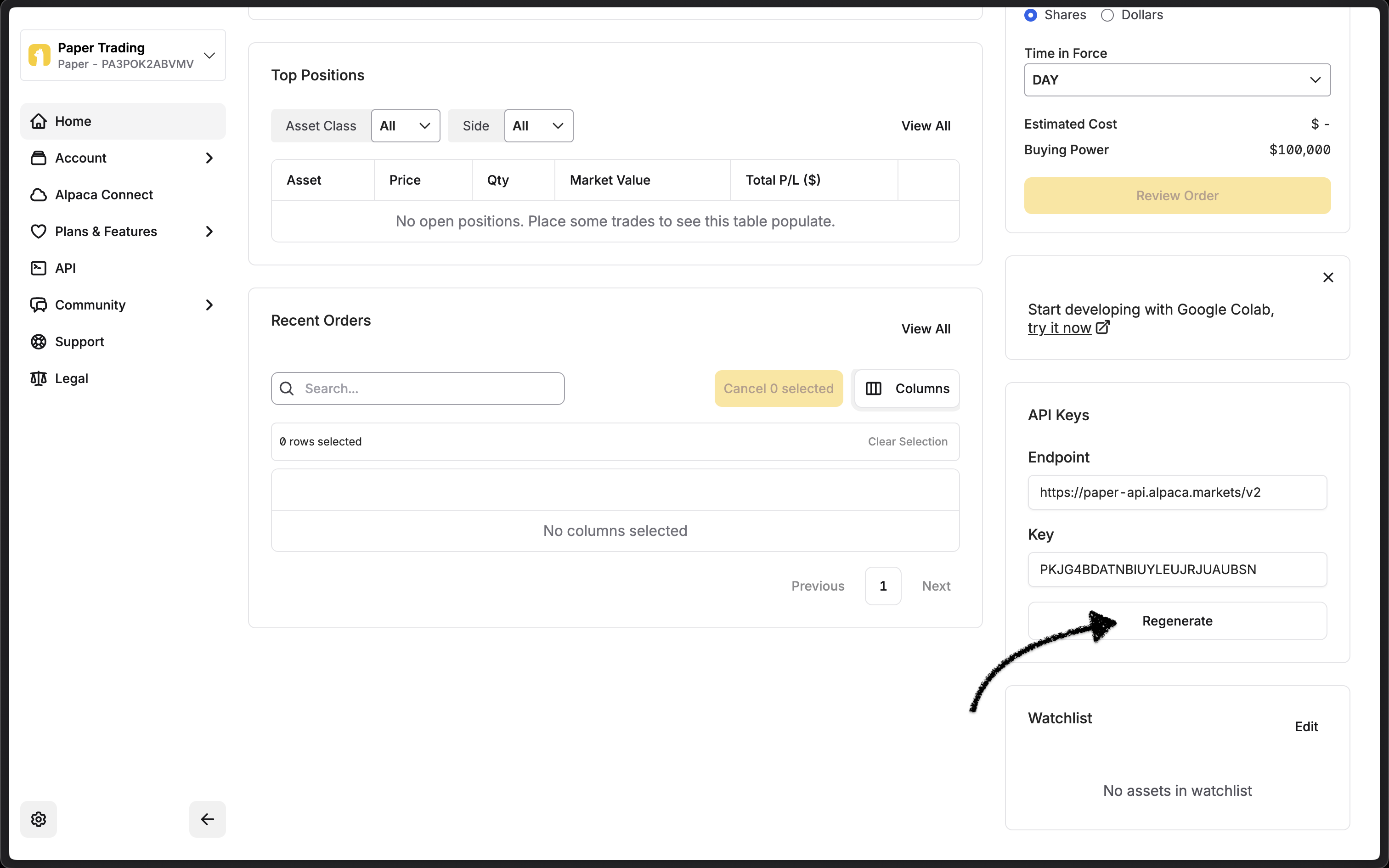 Alpaca - API key and secret