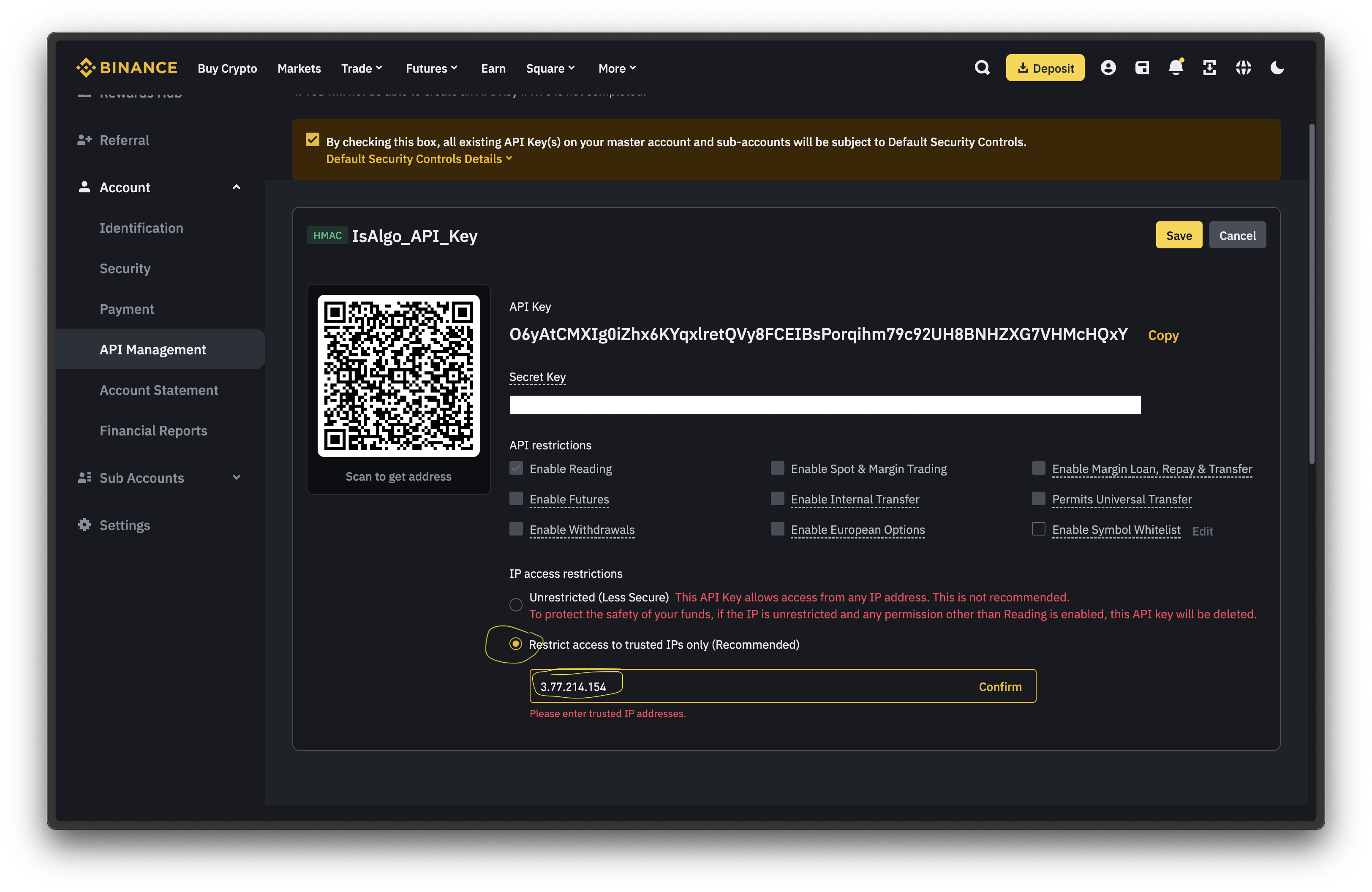 Binance - add our server IP address to the whitelist
