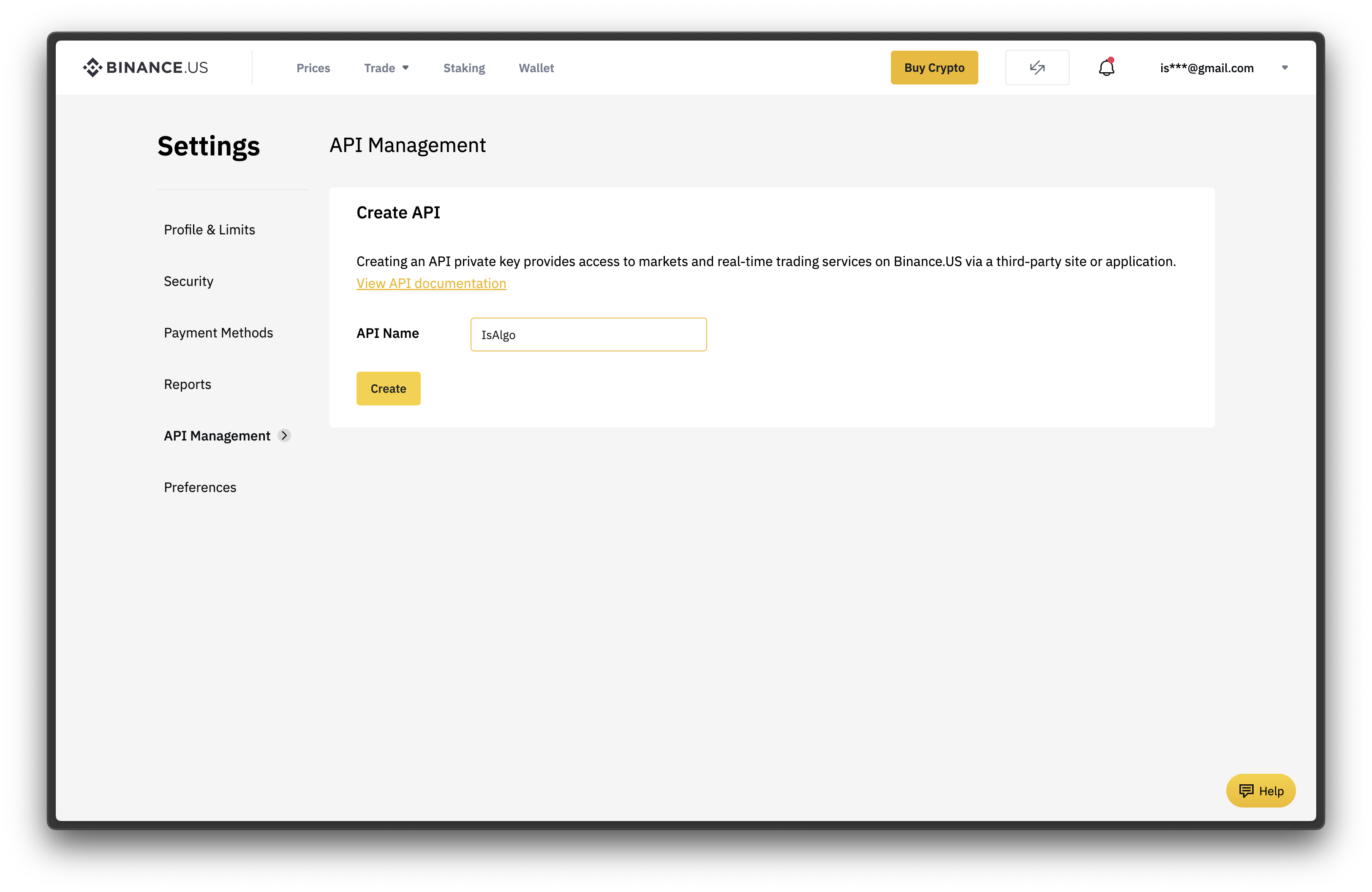 Binance.US - API Key name