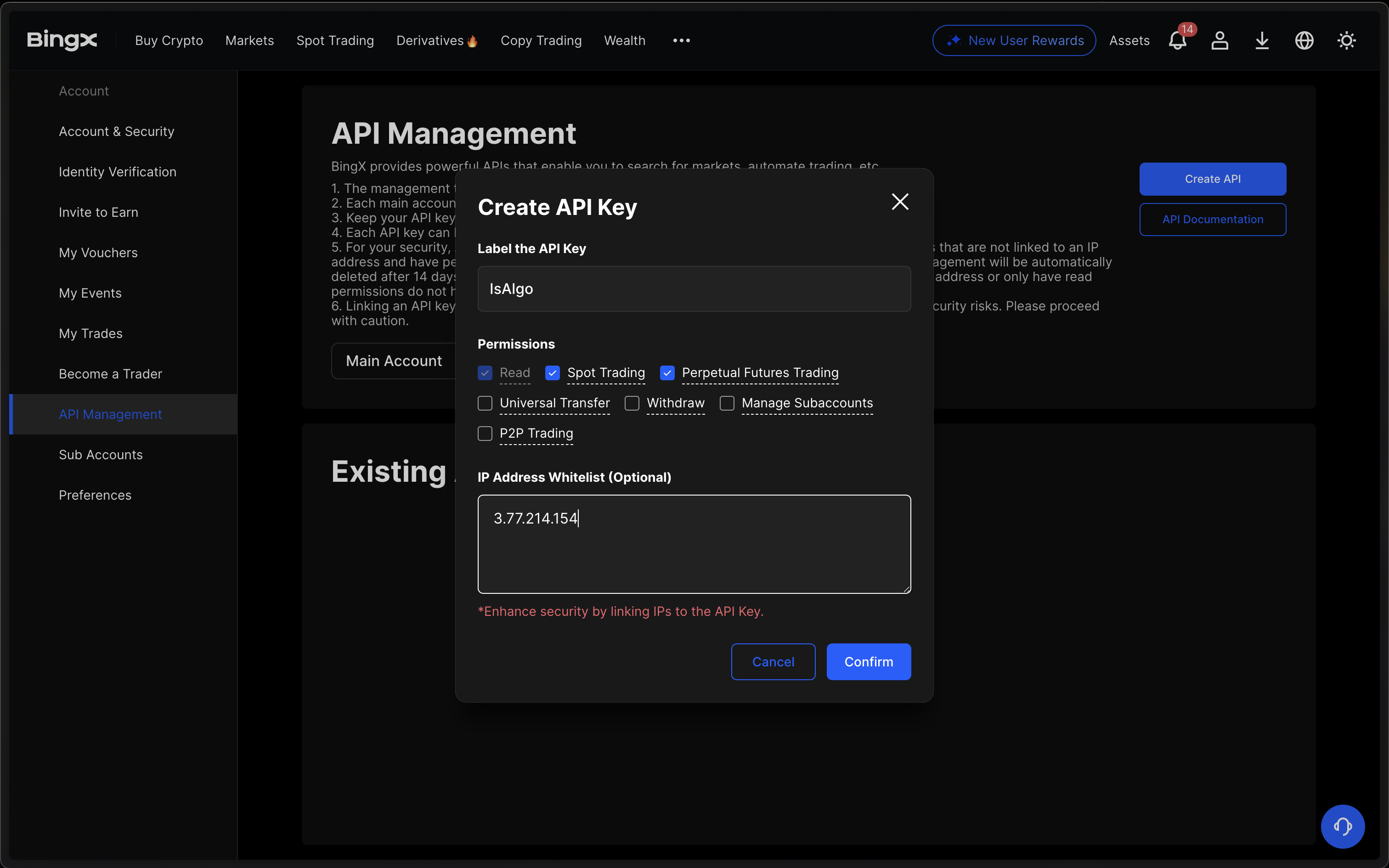 BingX - Add our server's IP address to the whitelist