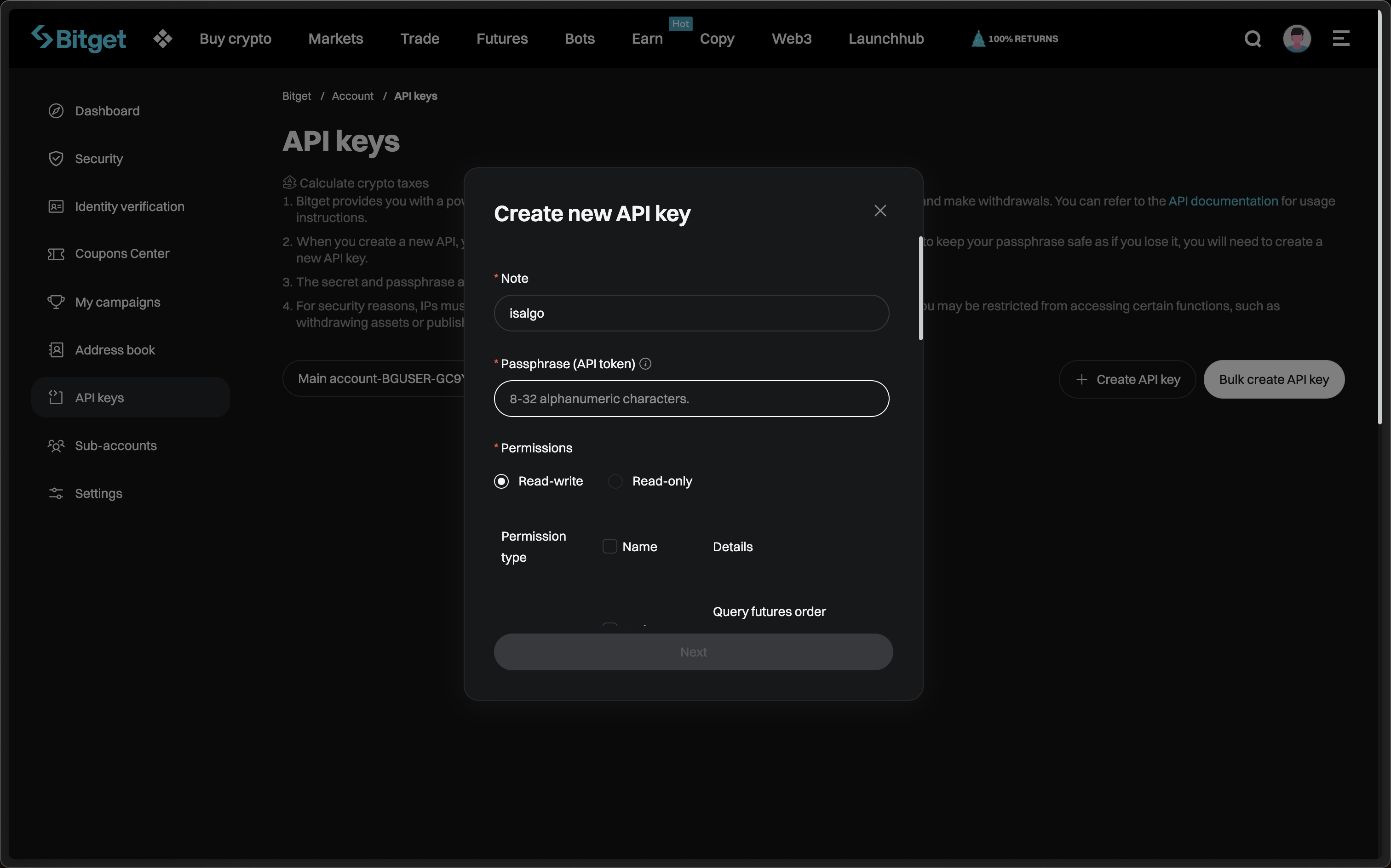Bitget - Set API Passphrase