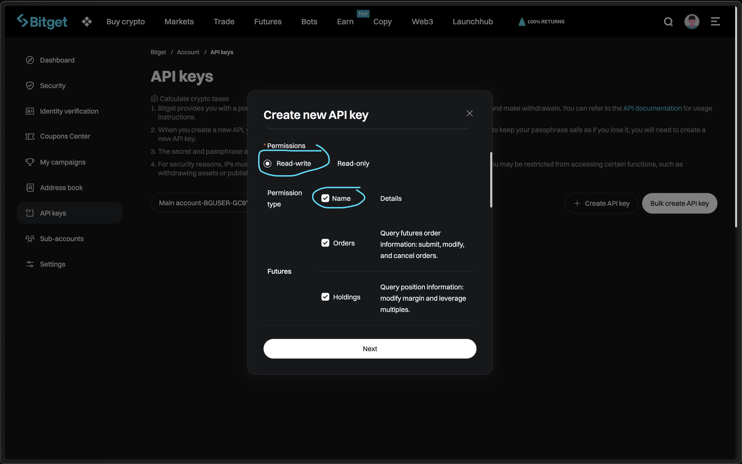 Bitget - Enable Permission