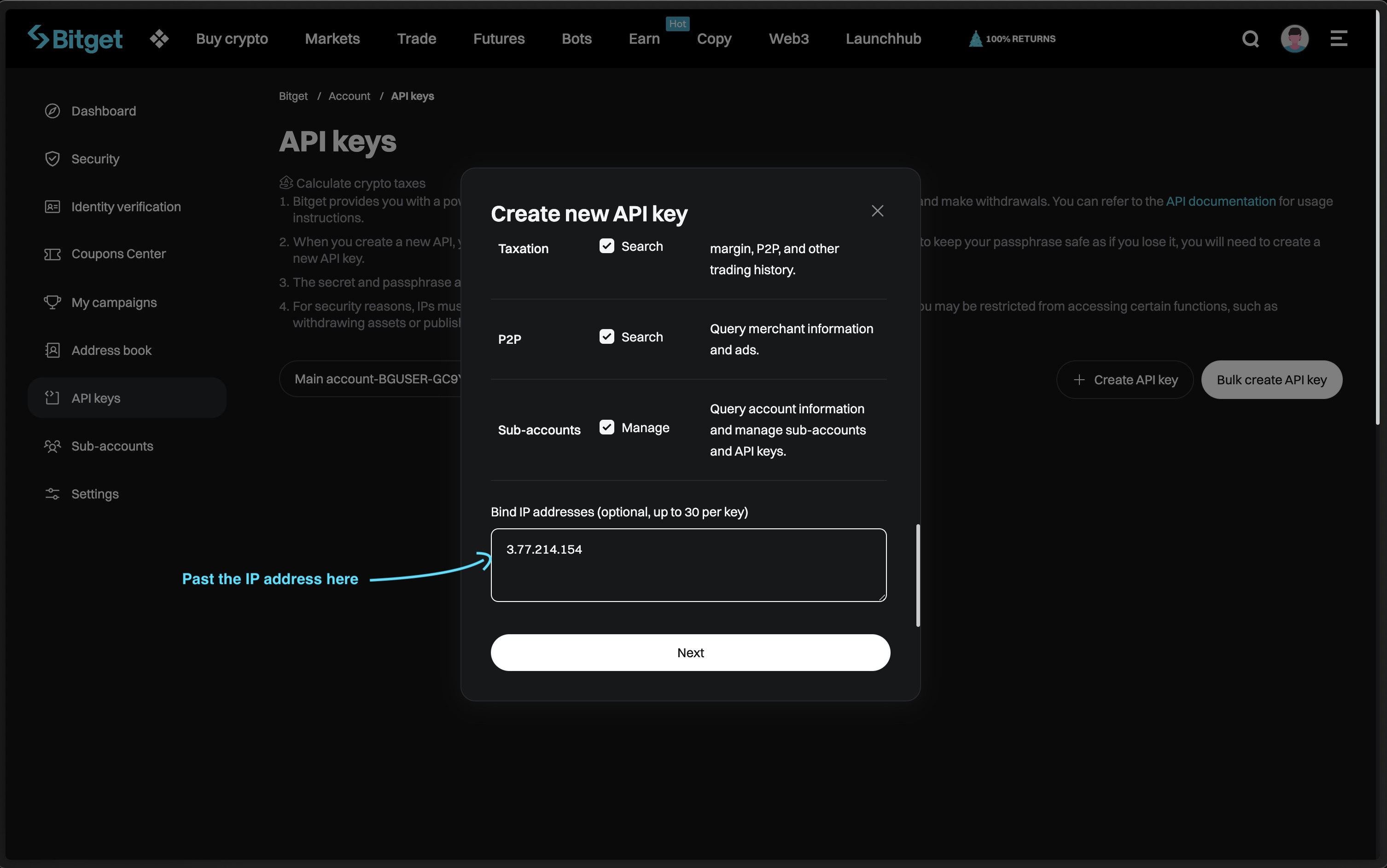 Bitget - Add server's IP address to the whitelist