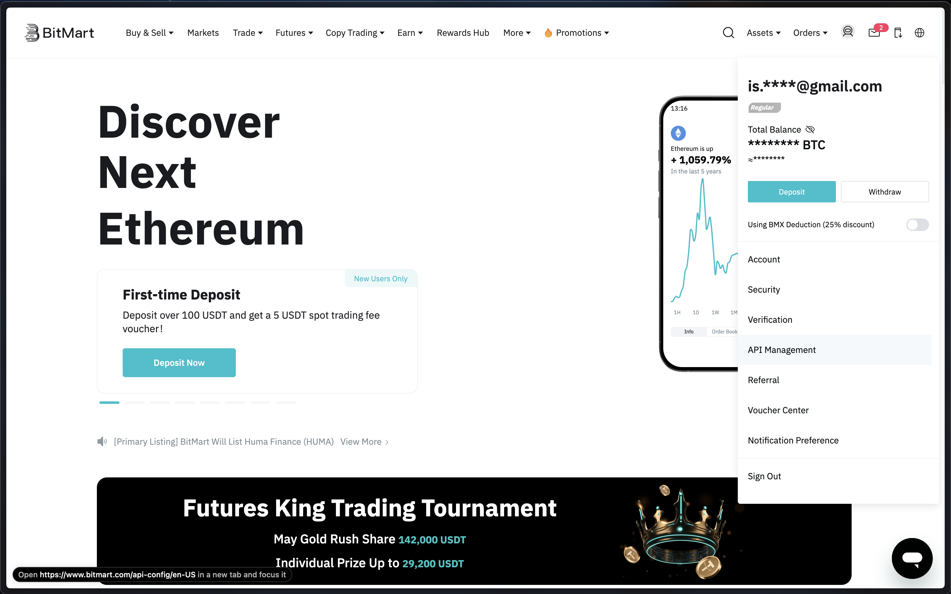 Bitmart - Navigate to API Management