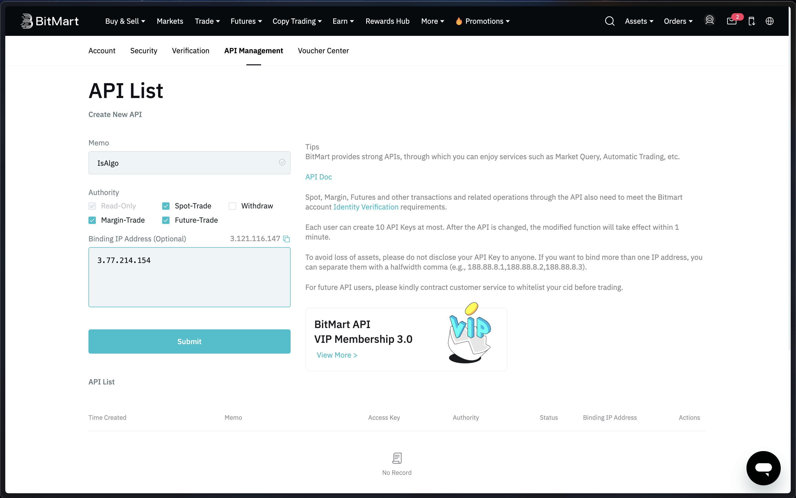 BitMart - Add serever's IP address to the whitelist