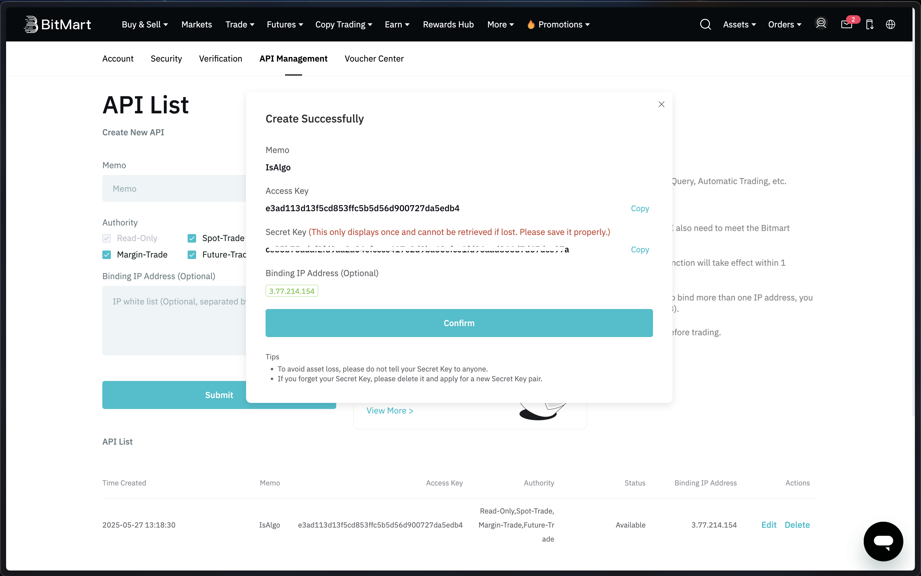 Bitmart - Get API credentials