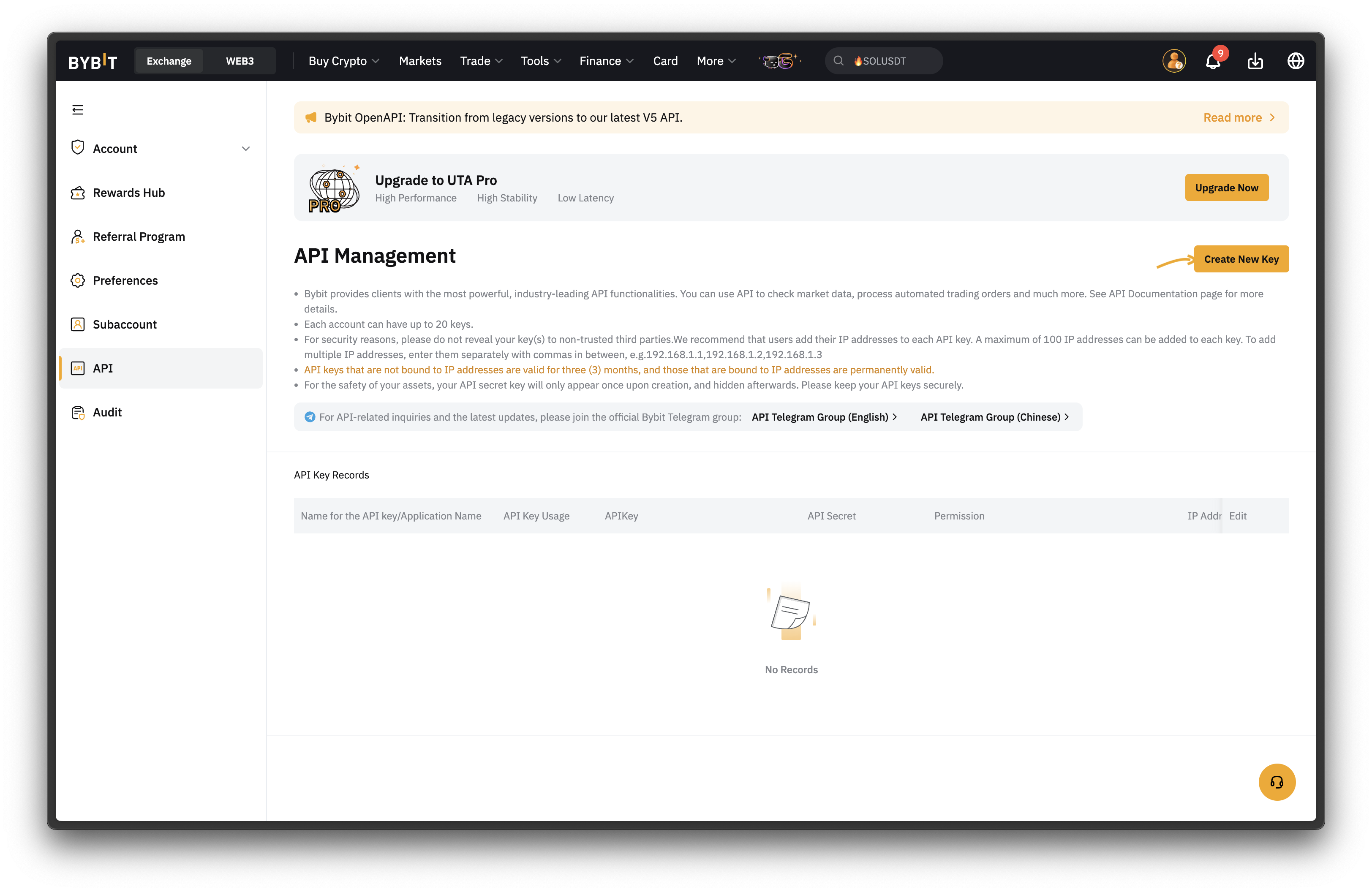 Bybit - Create new API key