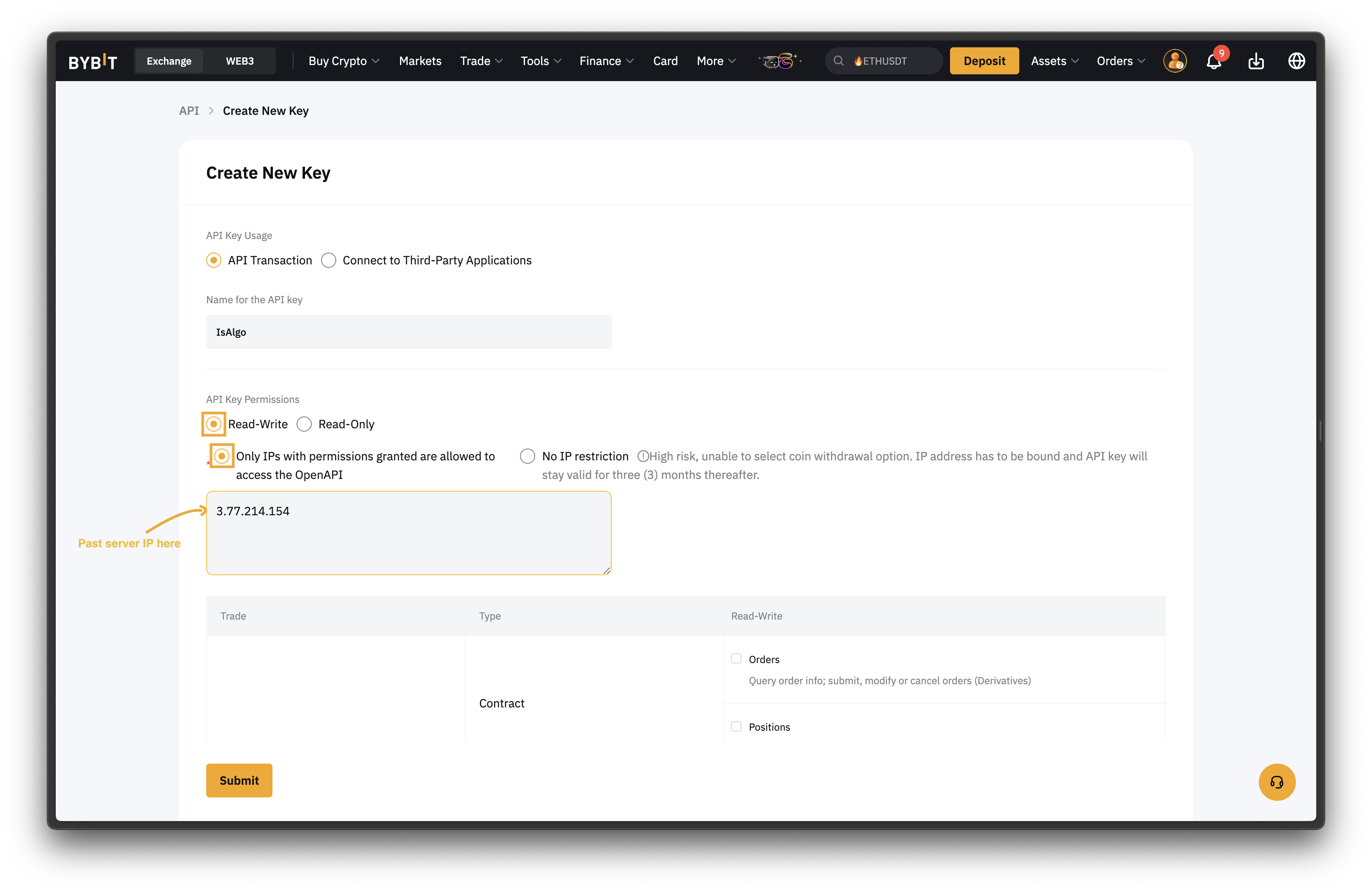 Bybit - Add our server's IP address to the whitelist