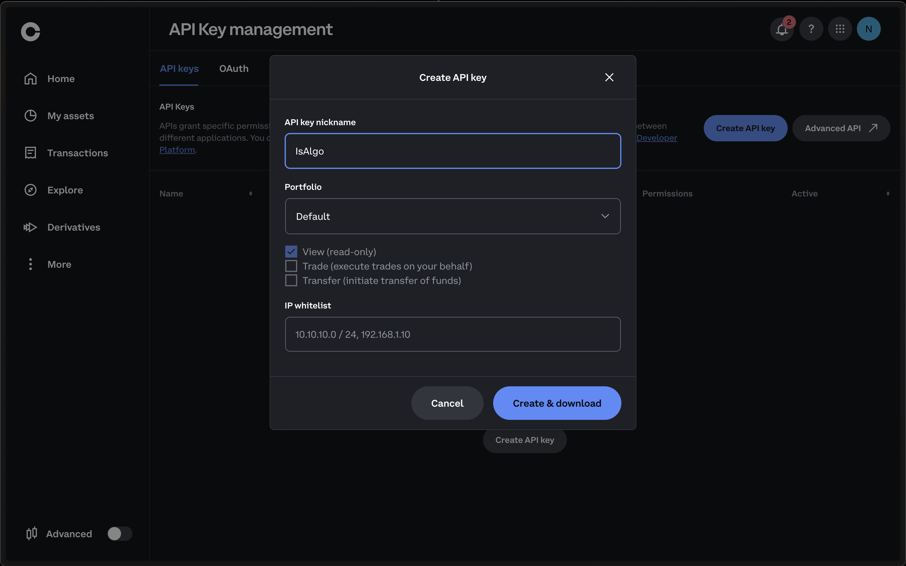 coinbase - Give the API key a name