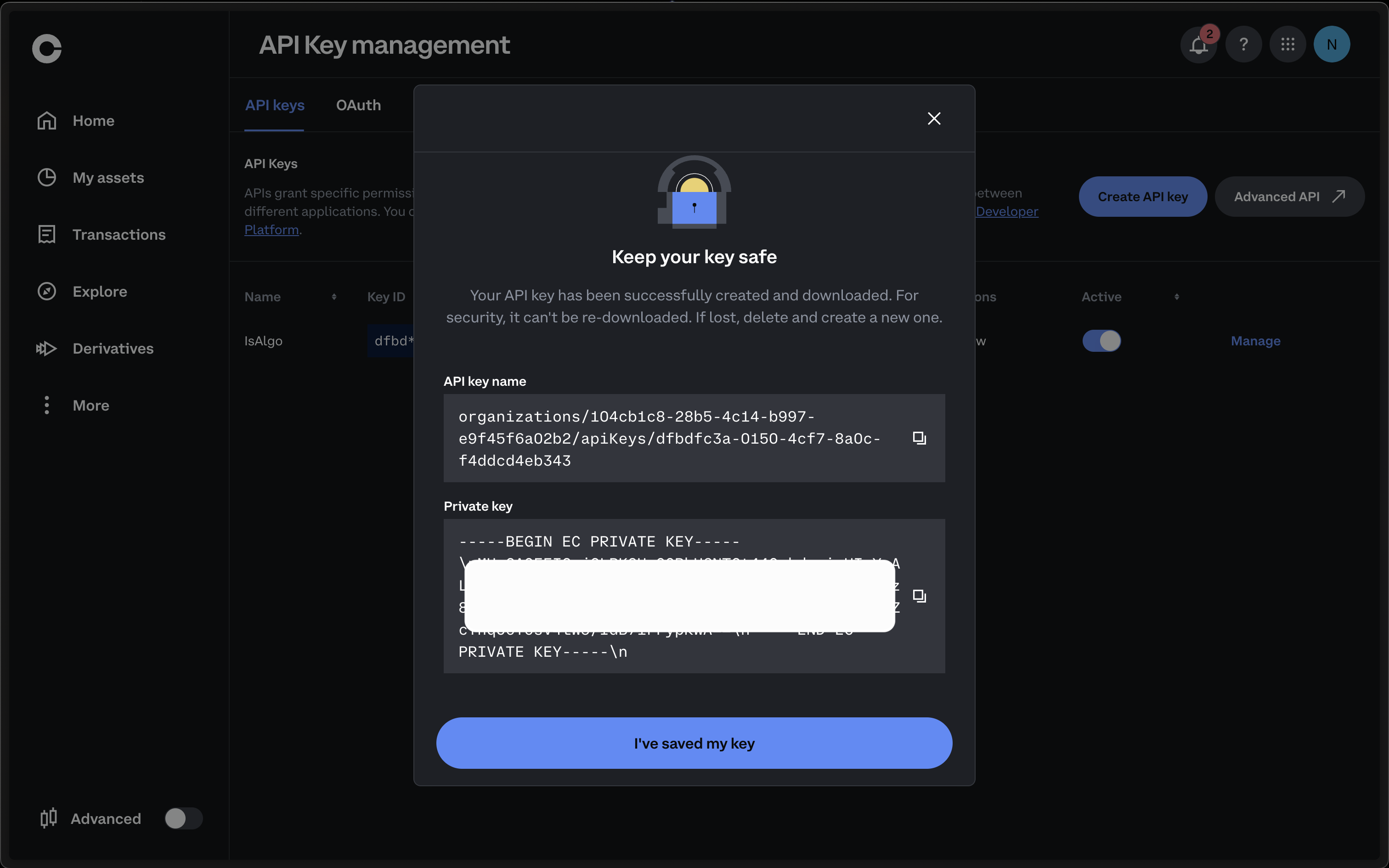 coinbase - generate API key credentials