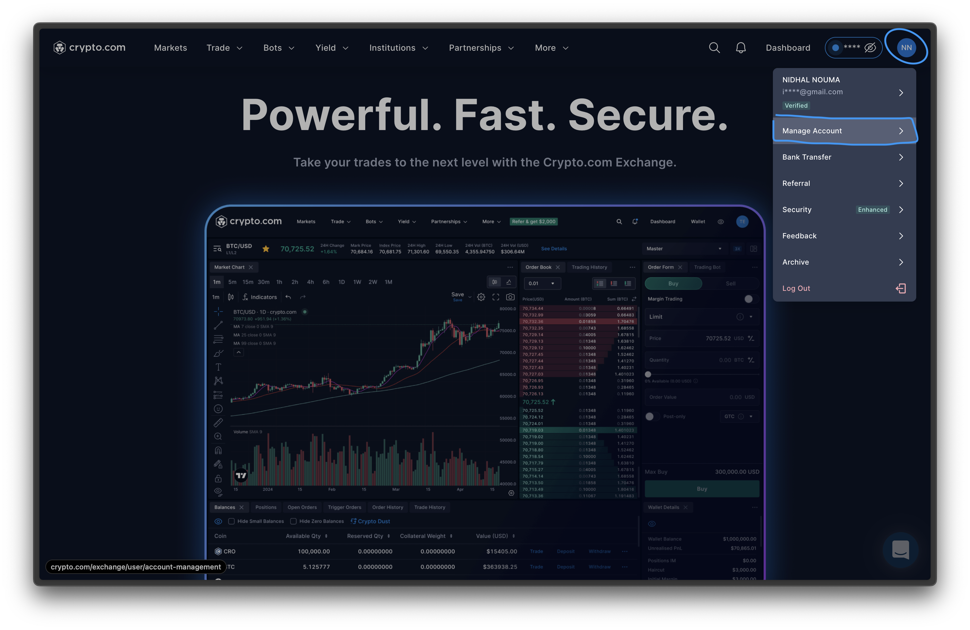 crypto.com - Navigate to Manage account