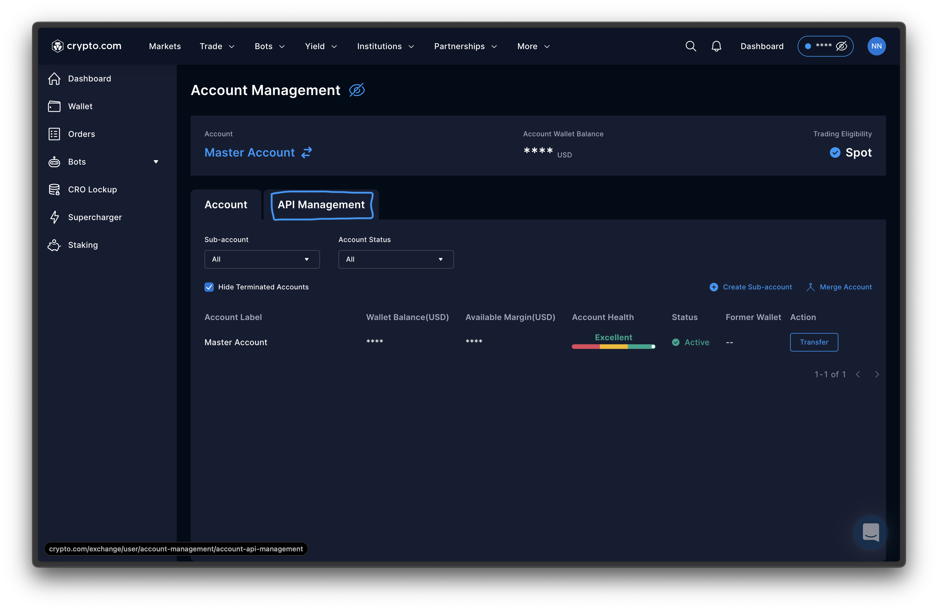 crypto.com - Navigate to API Management