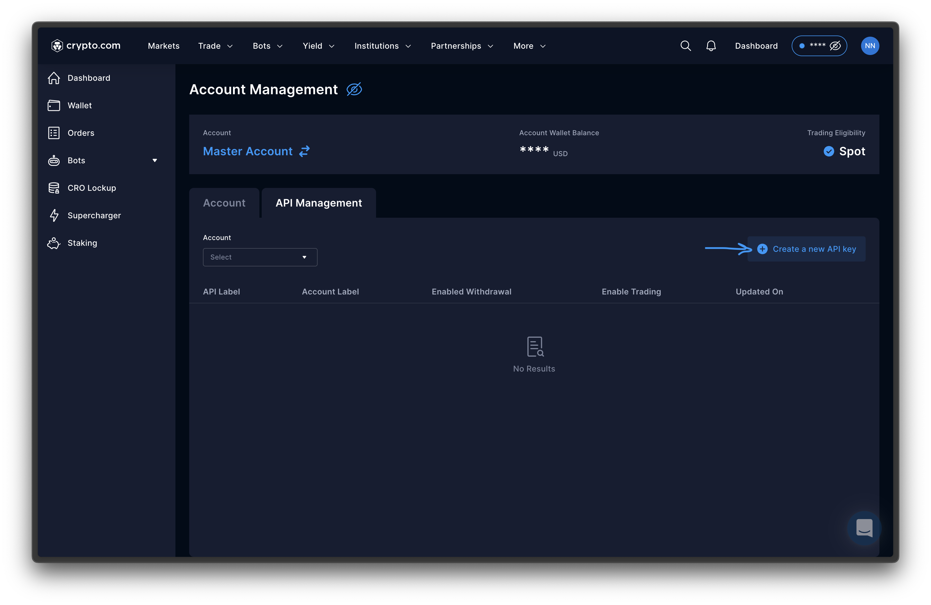 crypto.com - Create New API Key