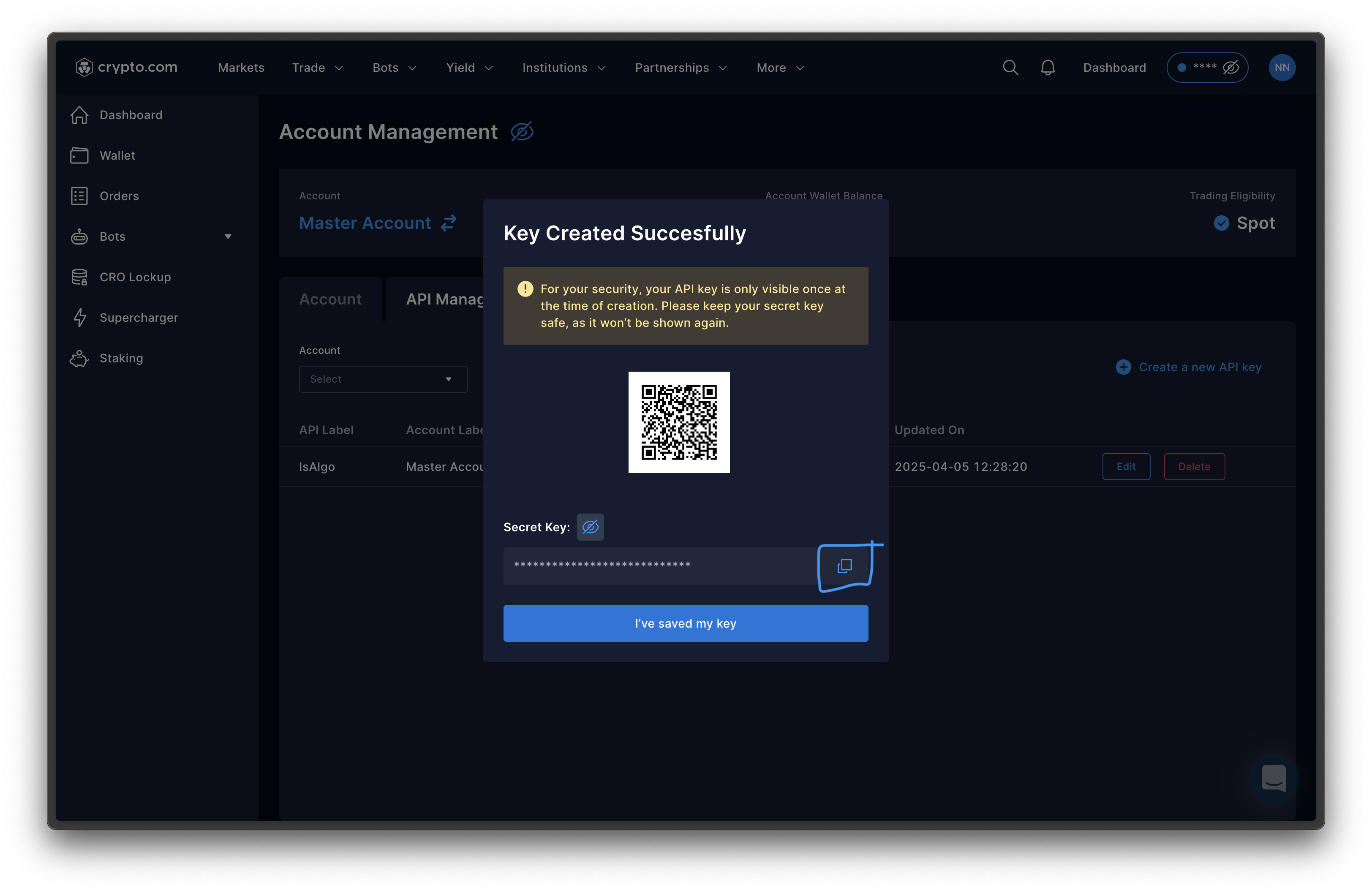 crypto.com -  Save the Secret key