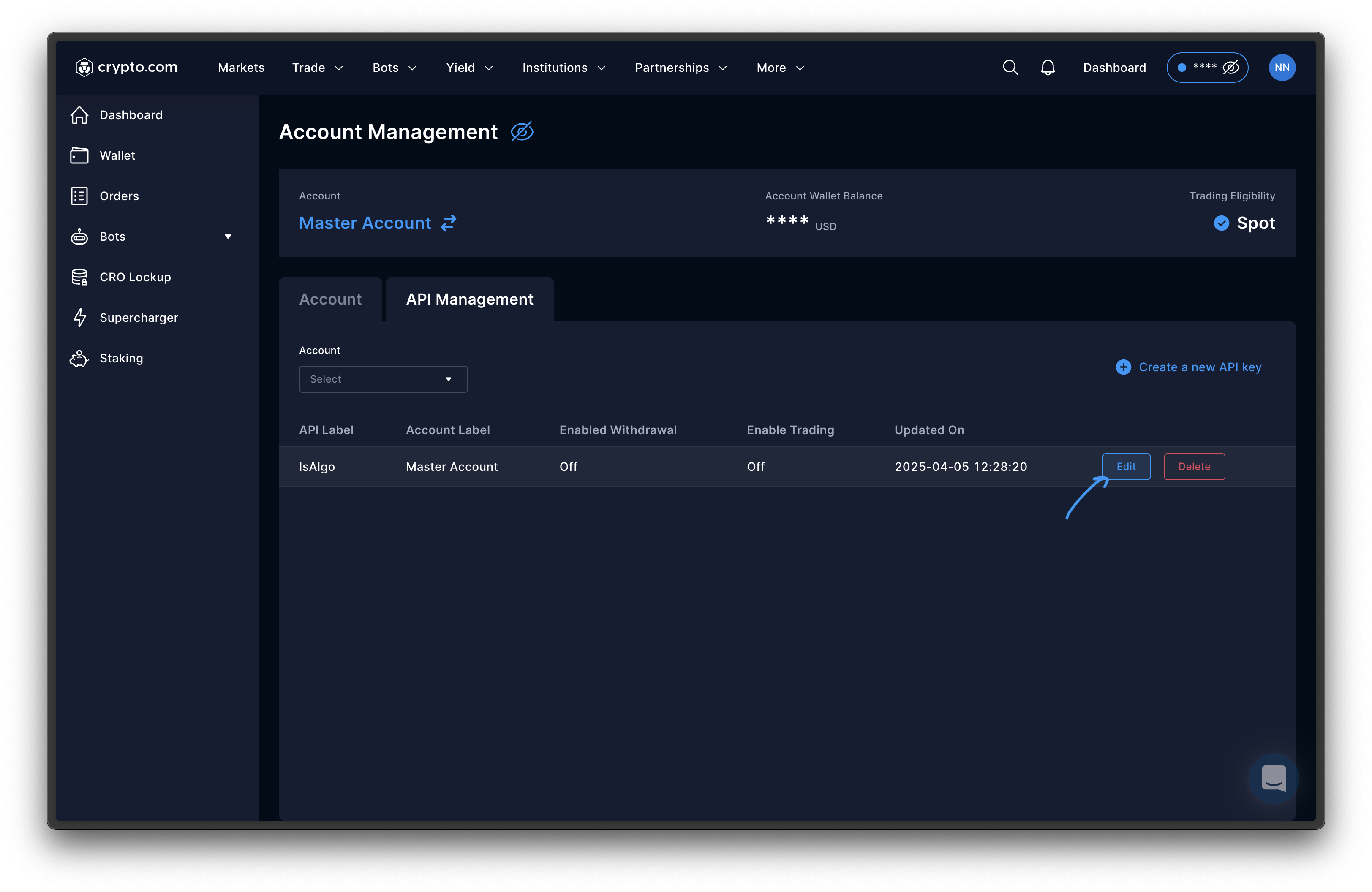 crypto.com - Edit API key