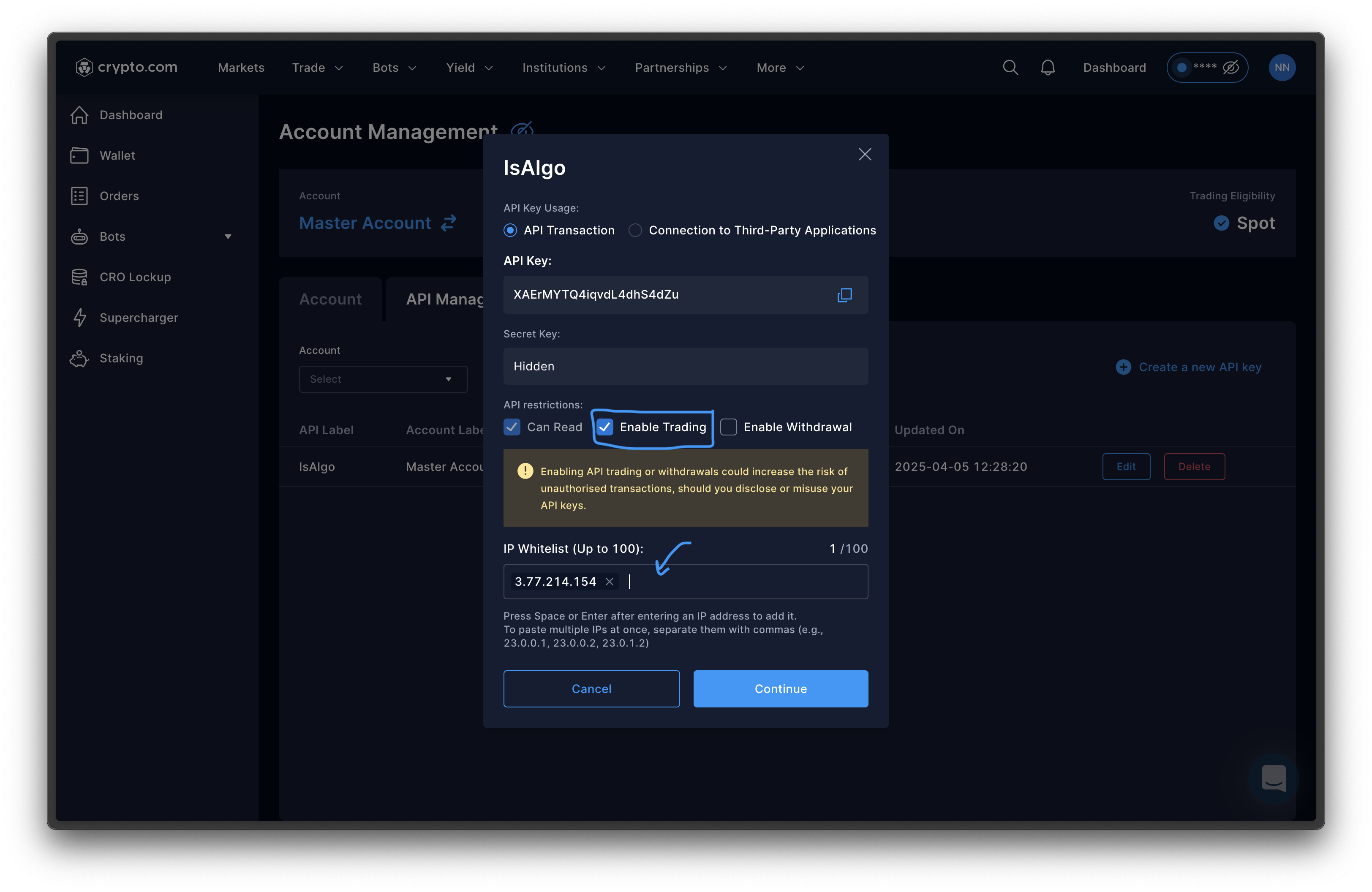 crypto.com - Enable permissions and add our server's IP address to the whitelist