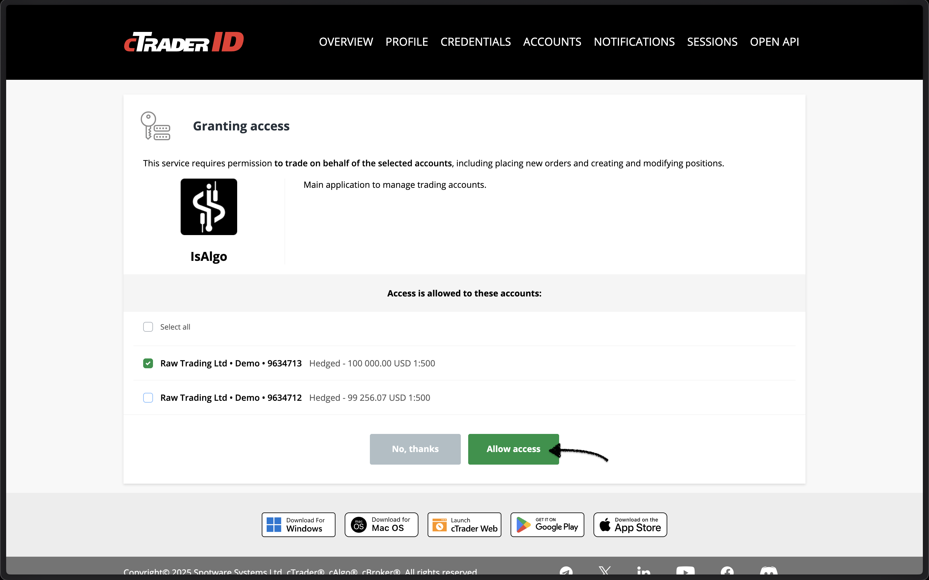 cTrader - Select account to generate authentication code