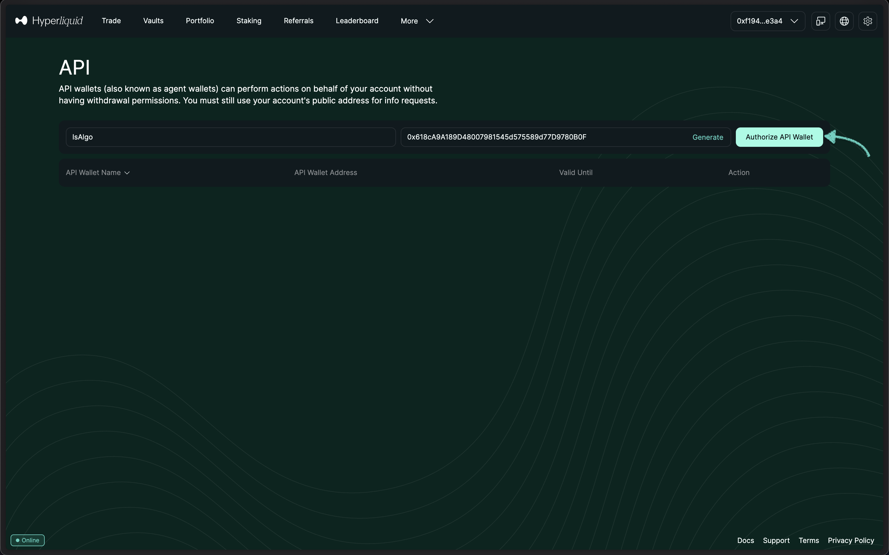 Hyperliquid - Generate API Key