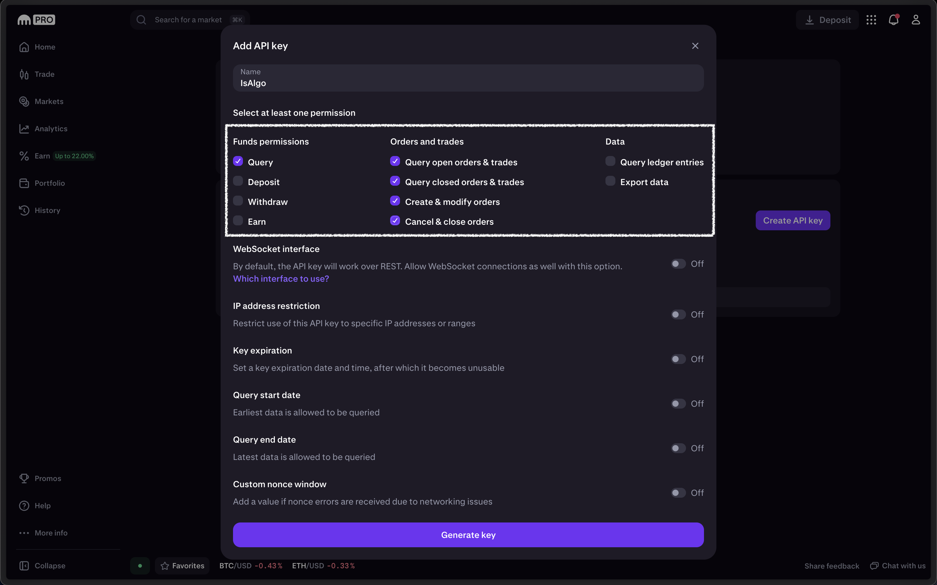 Kraken - set API key permissions