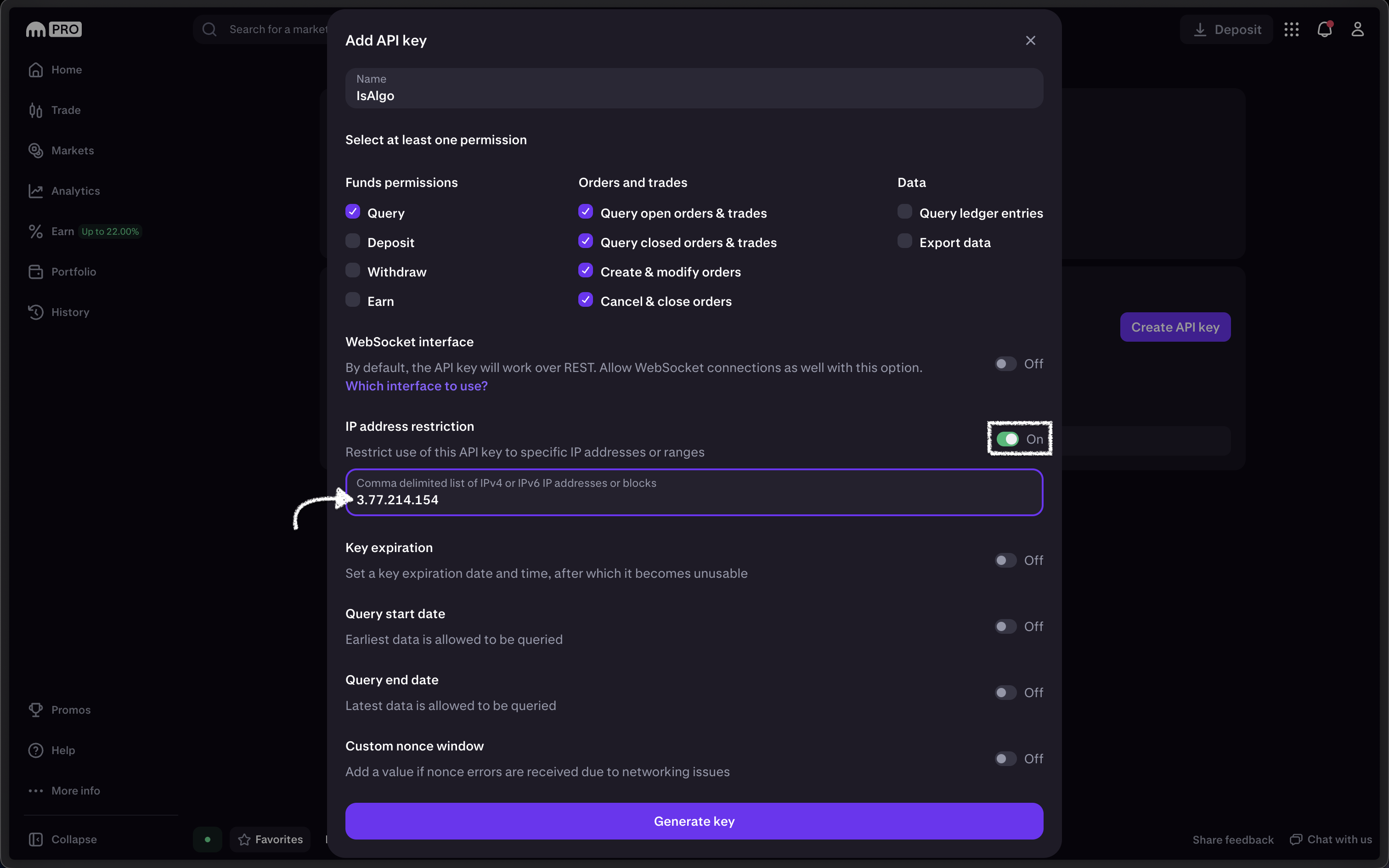 Kraken - add our server IP address to the whitelist