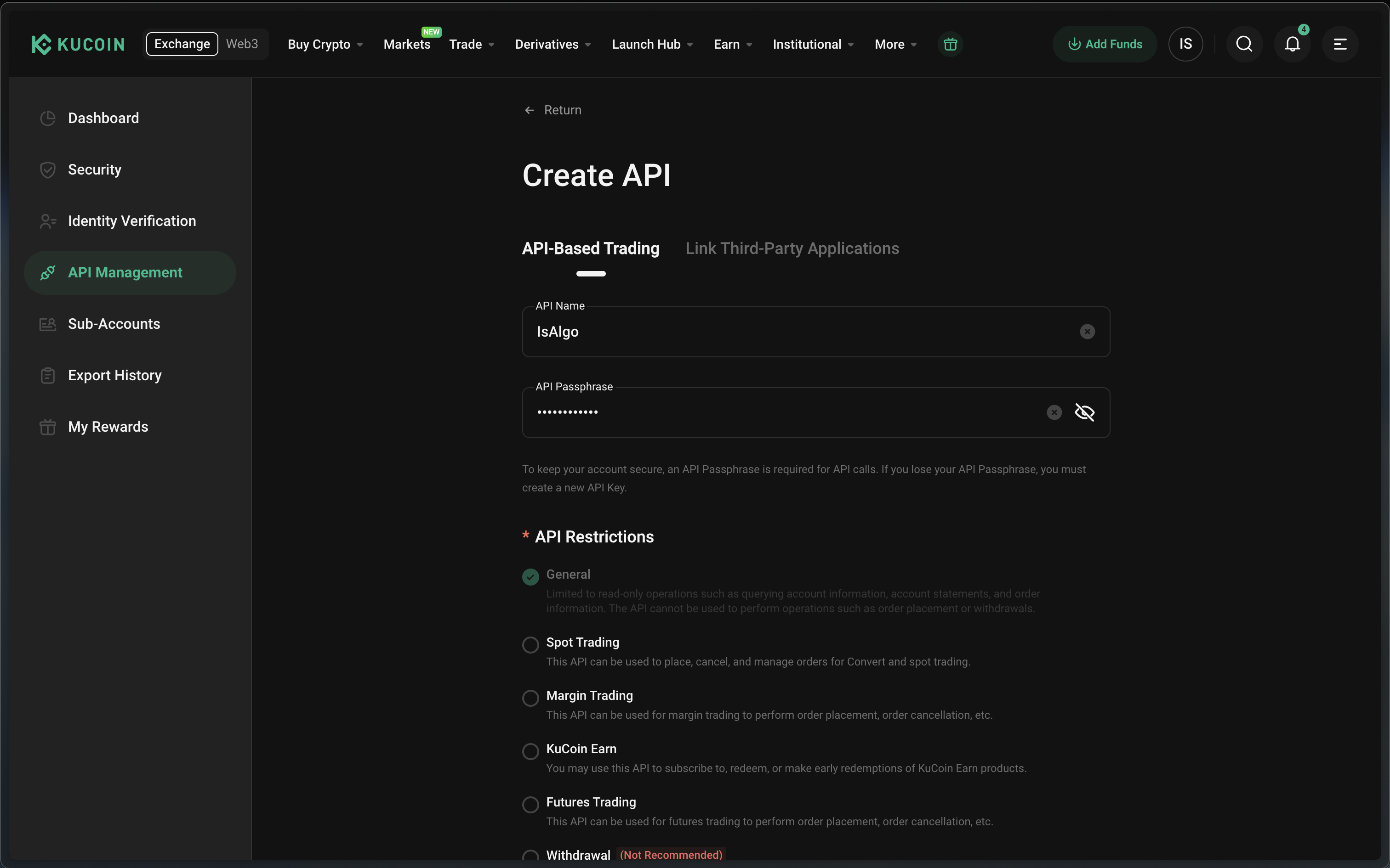 Kucoin - create an API passphrase