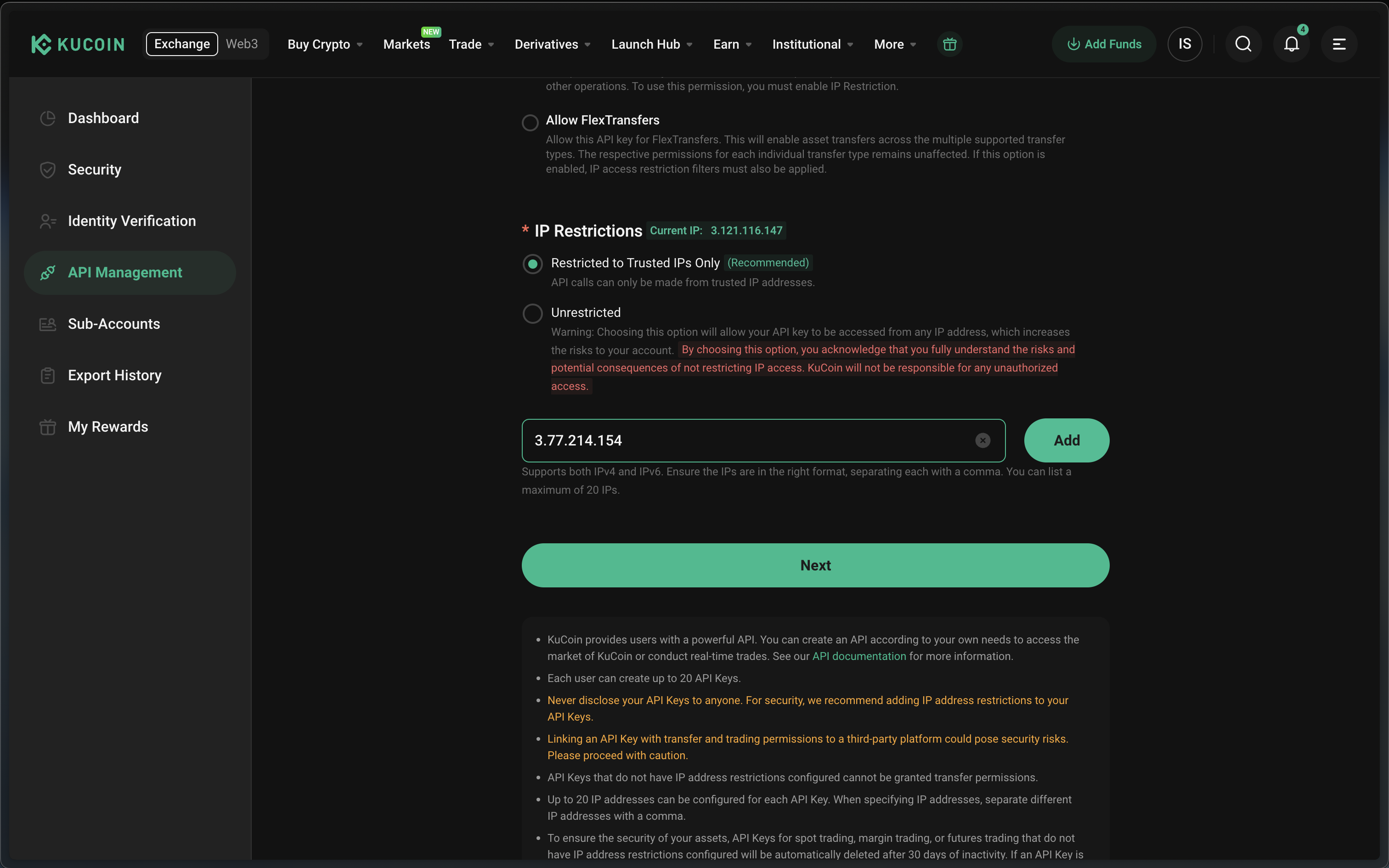 Kucoin - Add our server's IP address to the whitelist