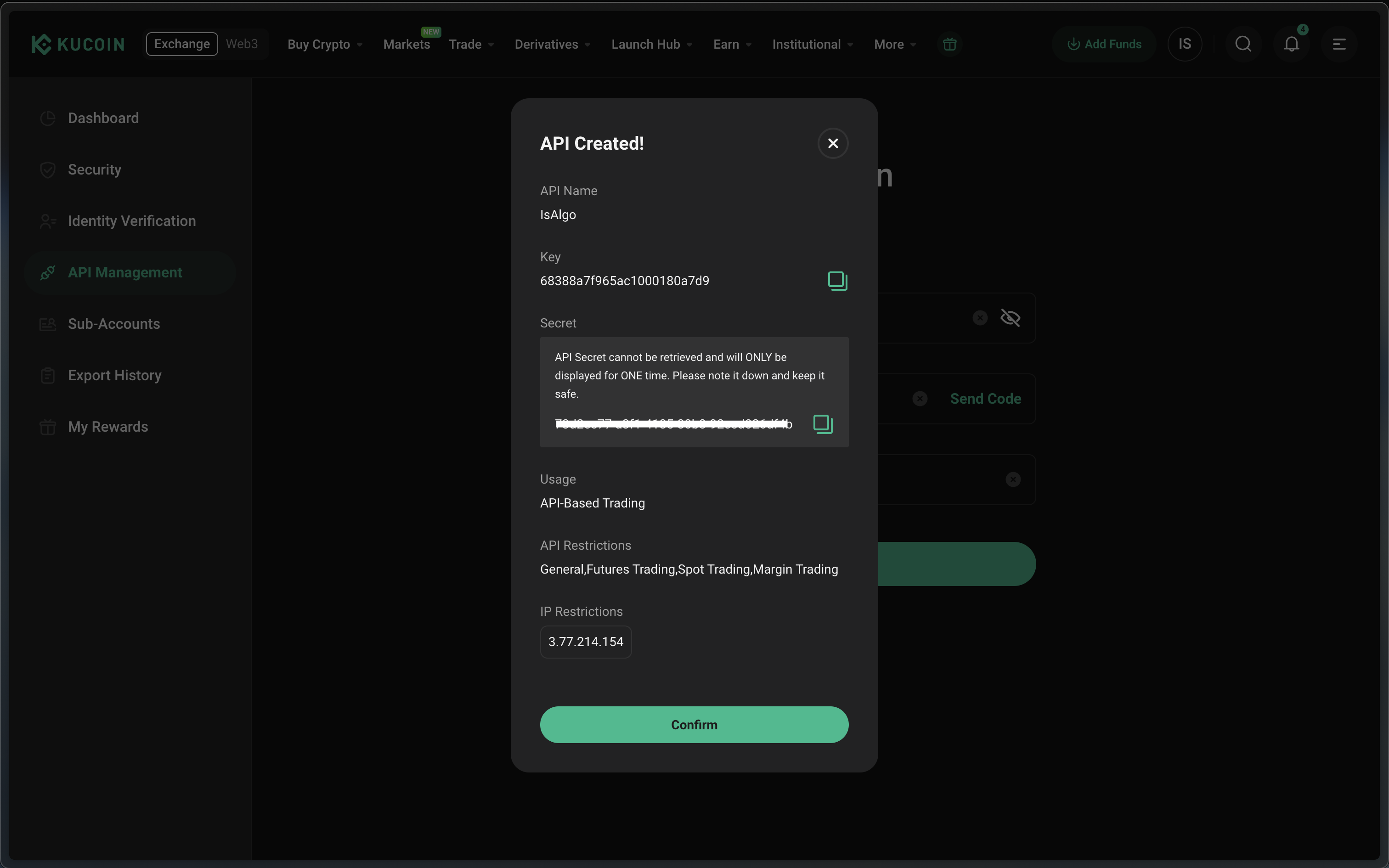 kucoin - Confirm to get the API credentials