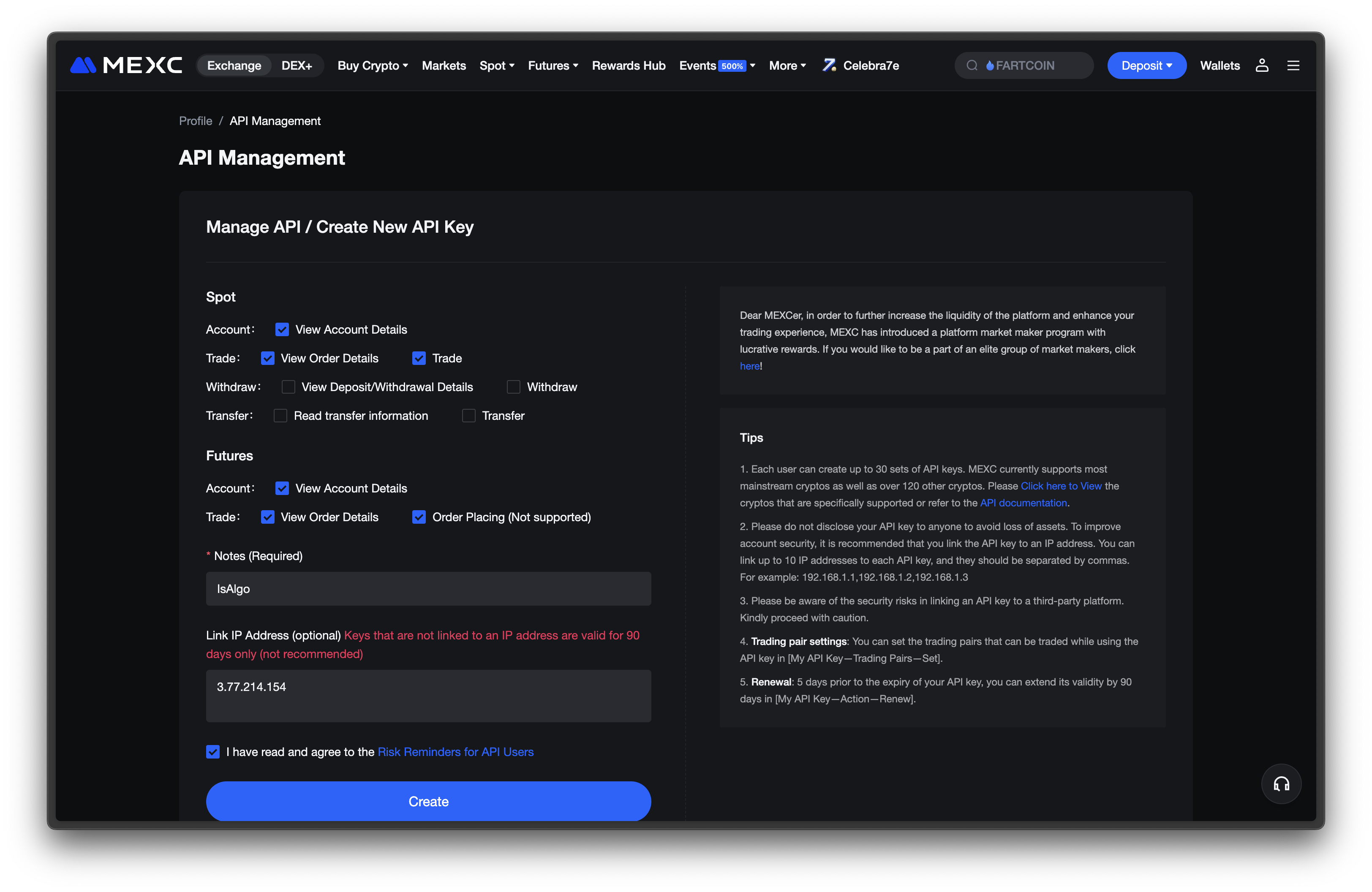 mexc - Click Create to get the API credentials