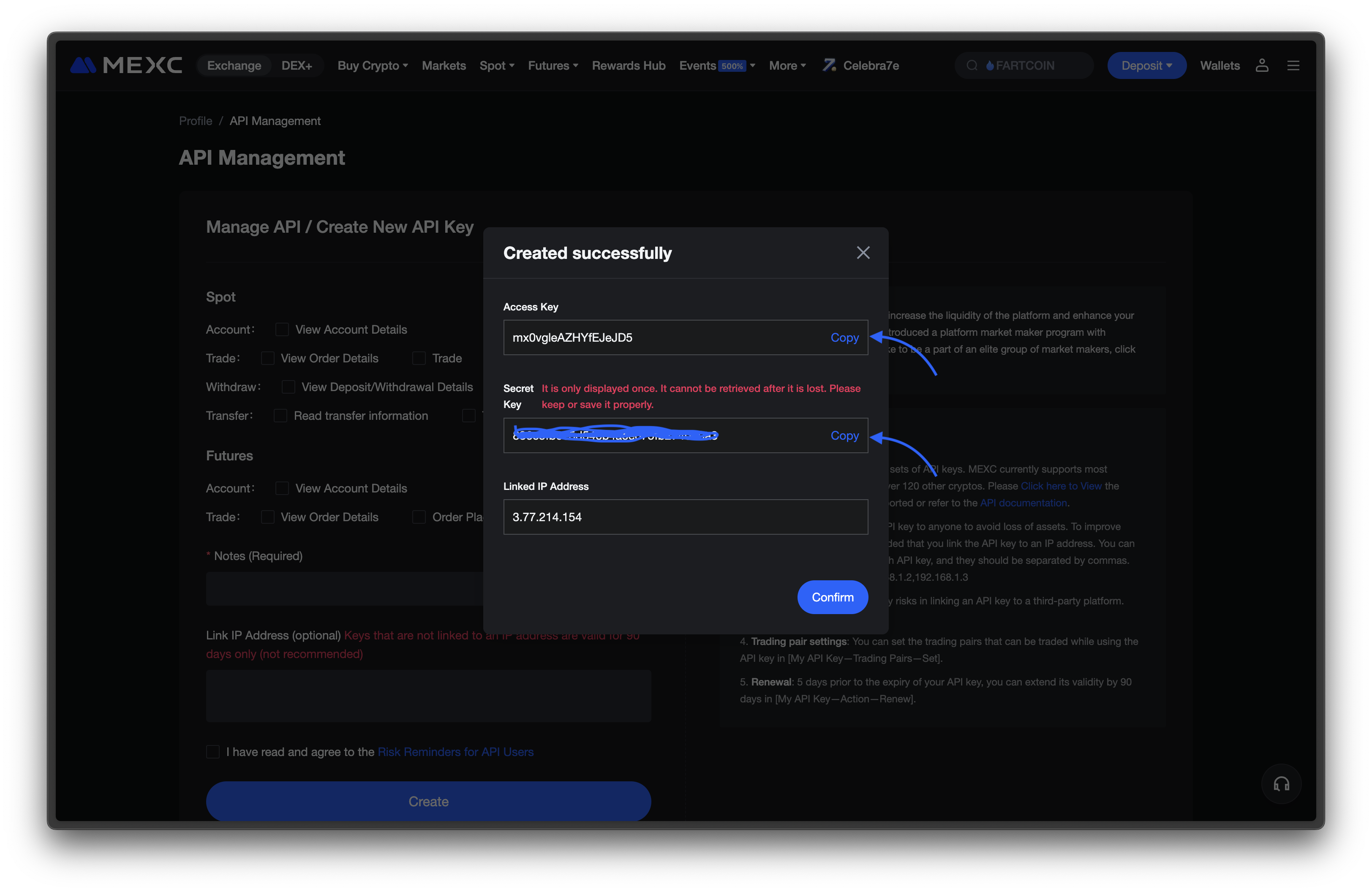 mexc - copy API key and Secret key