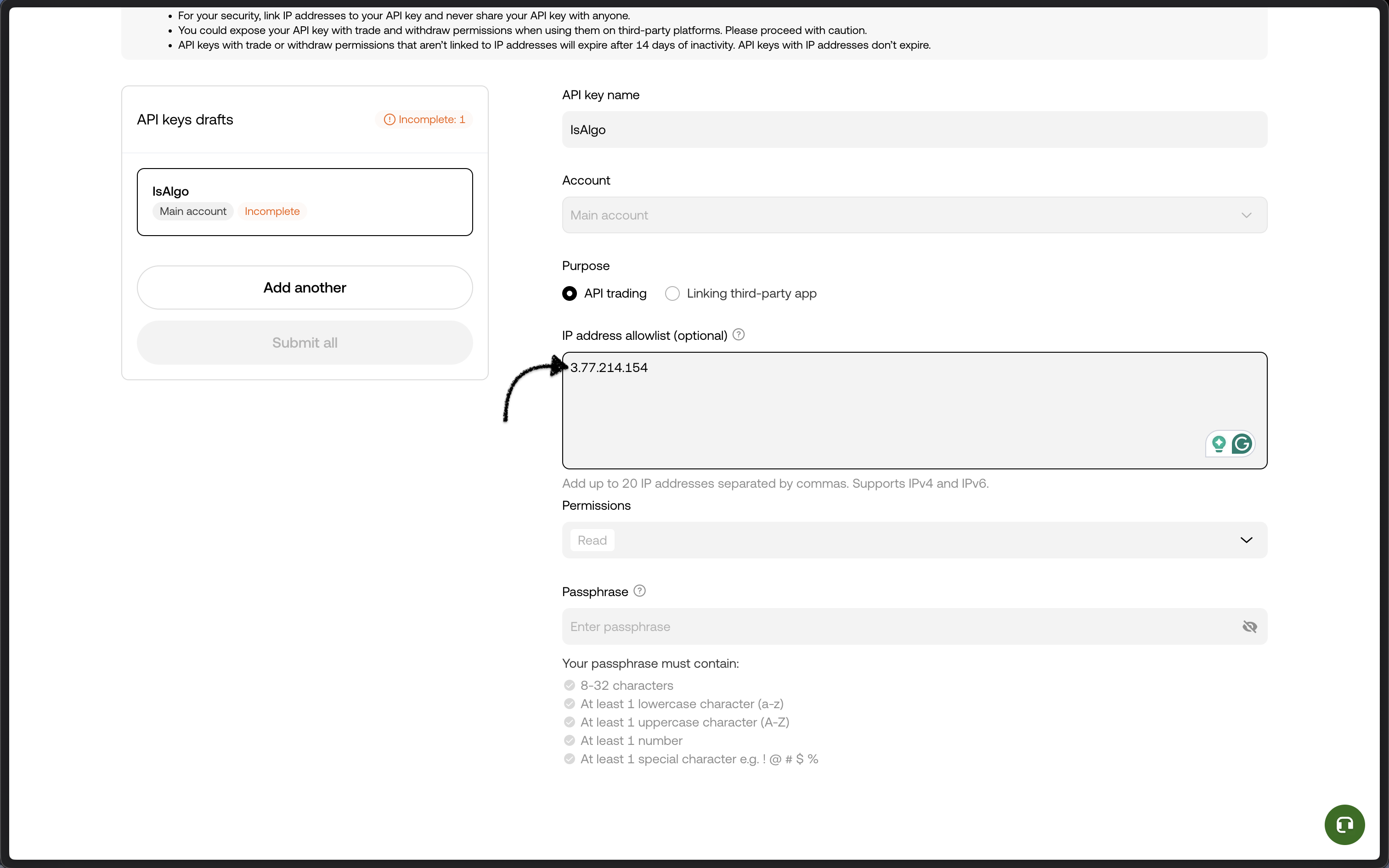 OKX - add our server IP address to the whitelist