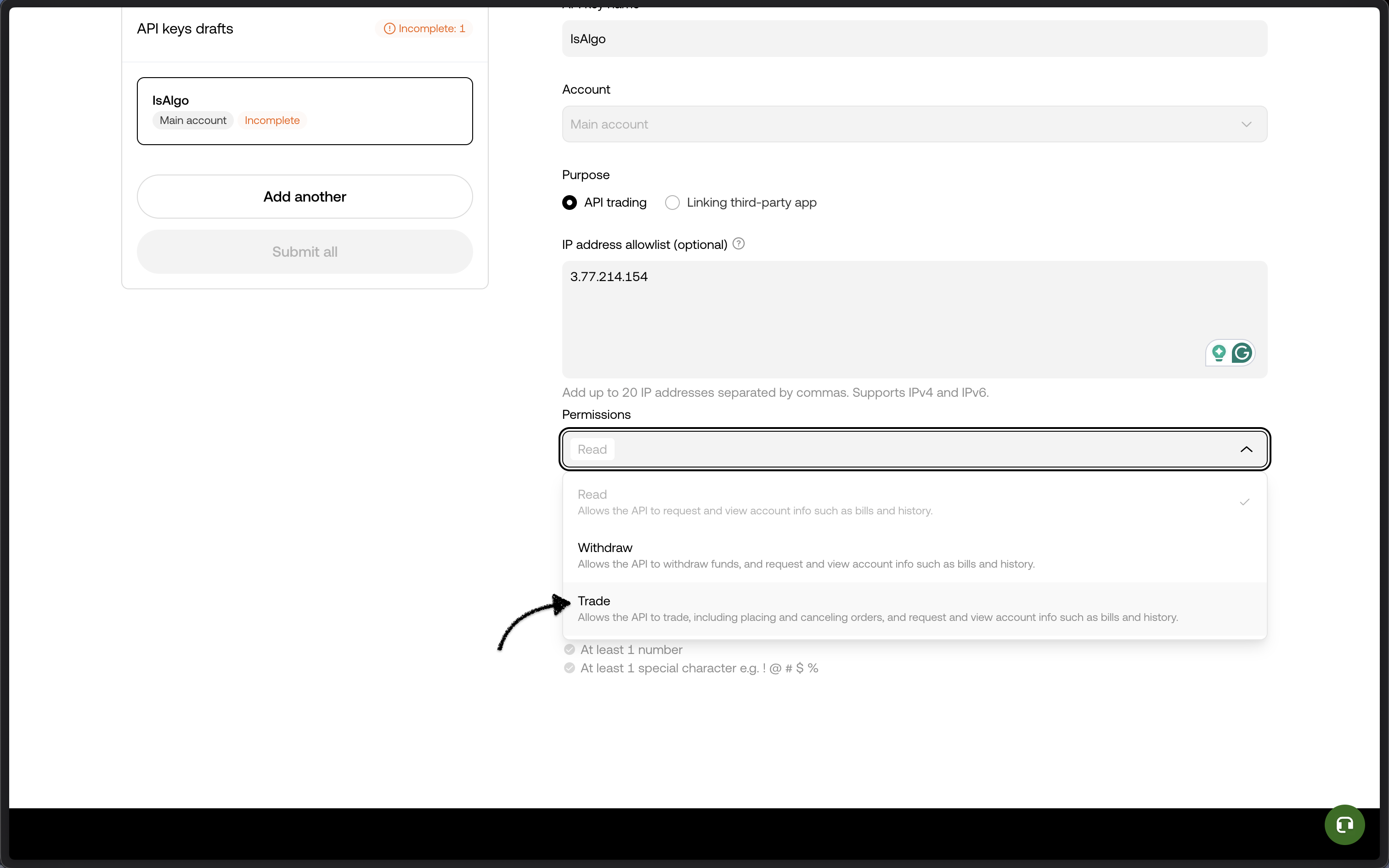 OKX - set API key permissions