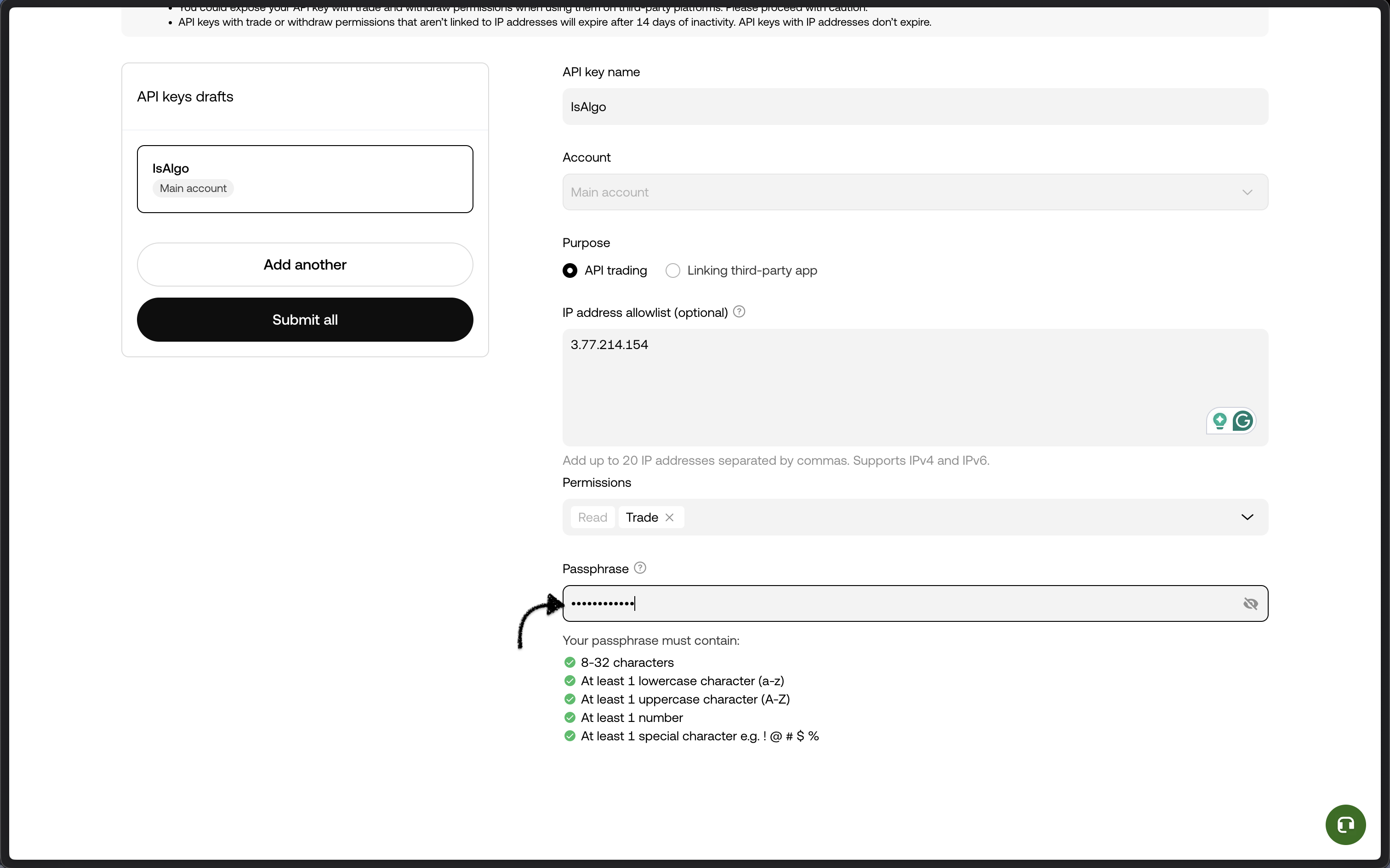 OKX - set API key passphrase