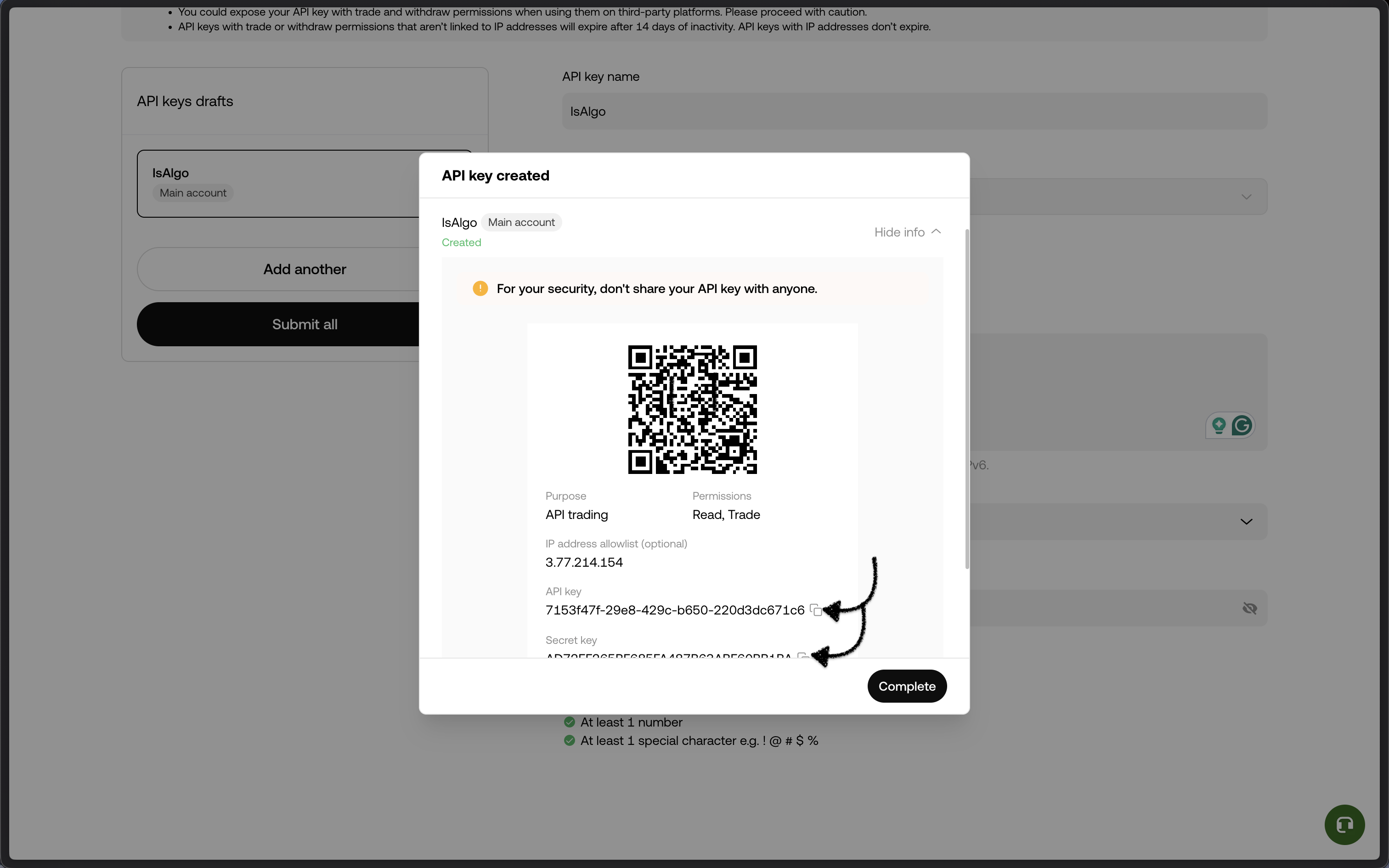OKX - API key and secret