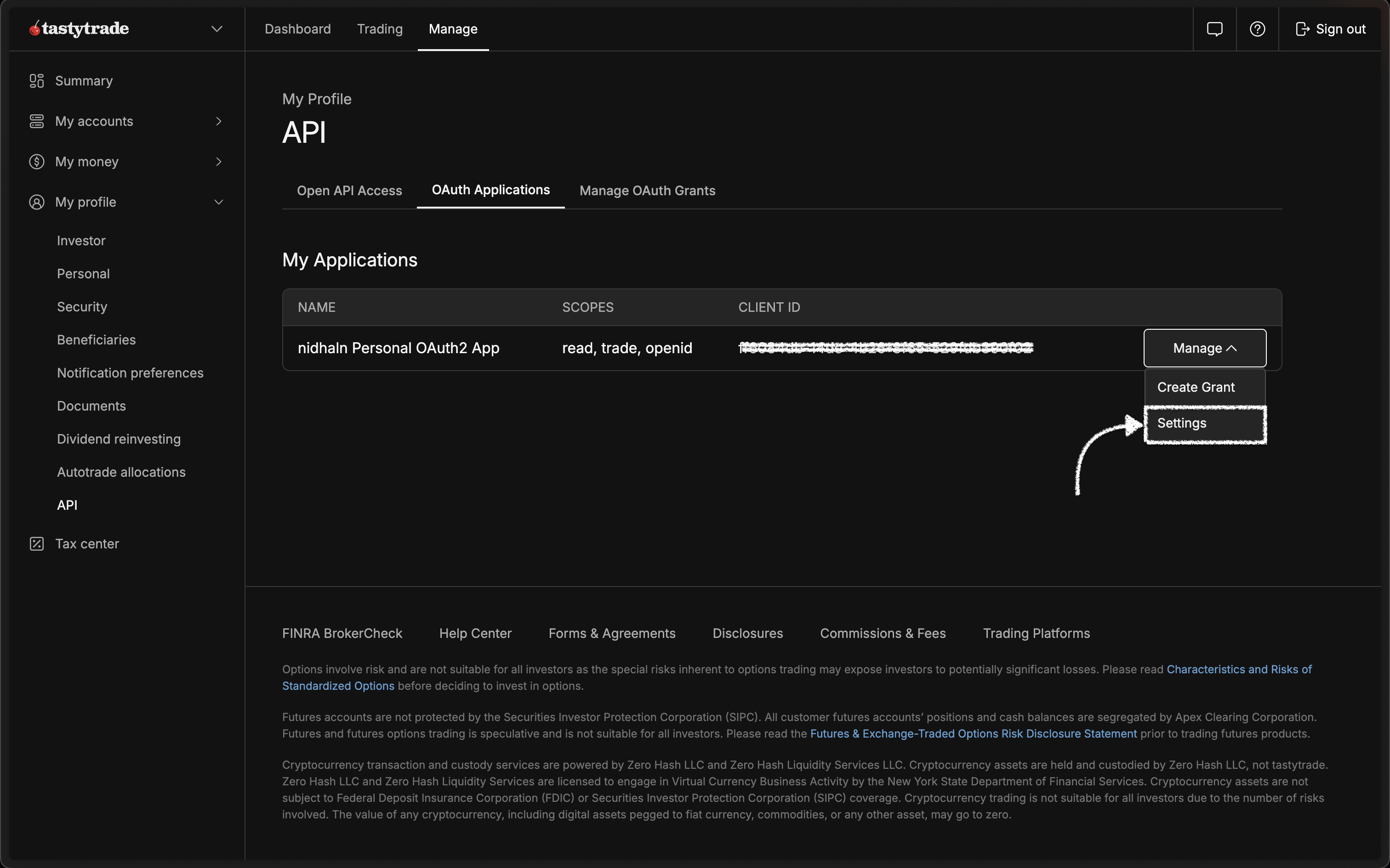 Tastytrade - Manage OAuth Application