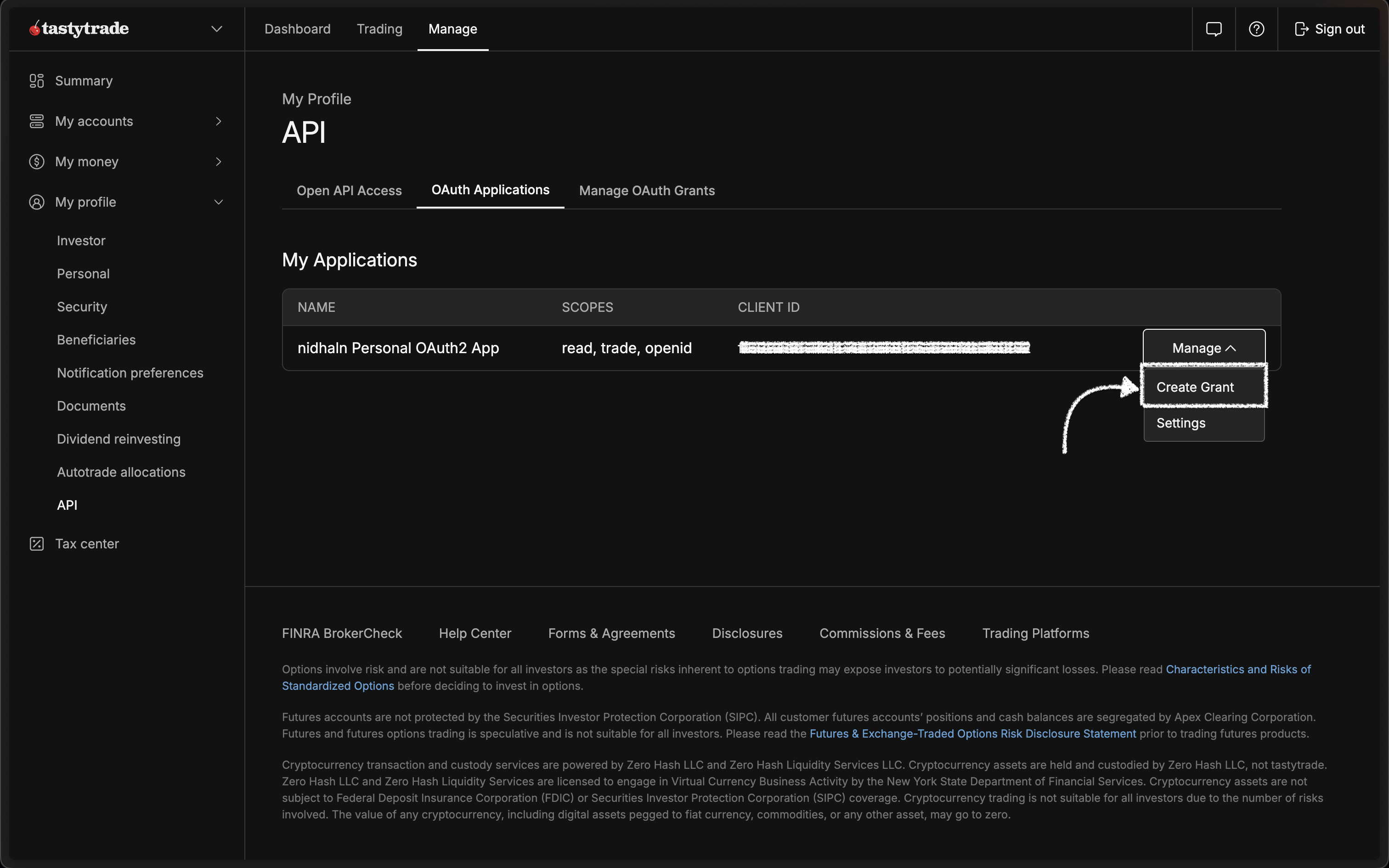 Tastytrade - Create Grant