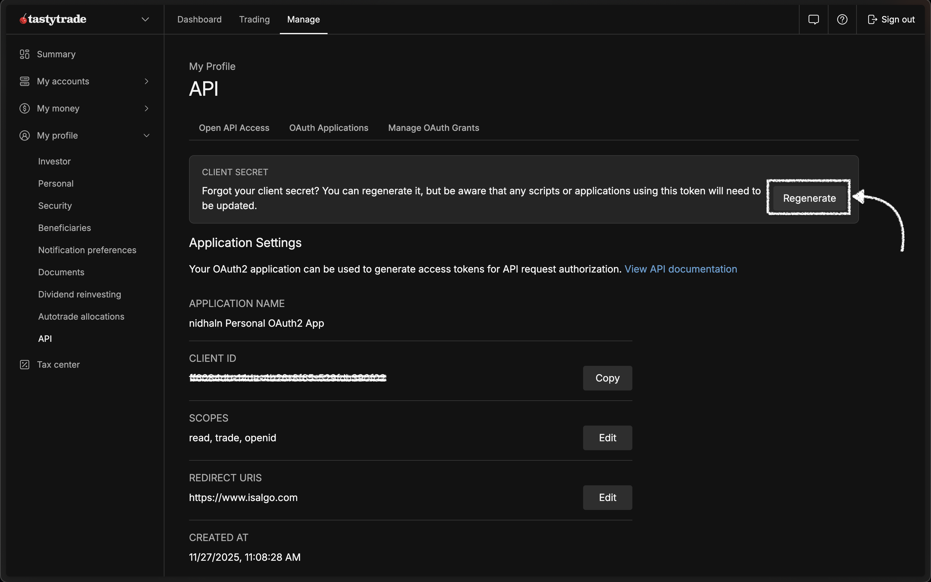 Tastytrade - Regenerate Client Secret