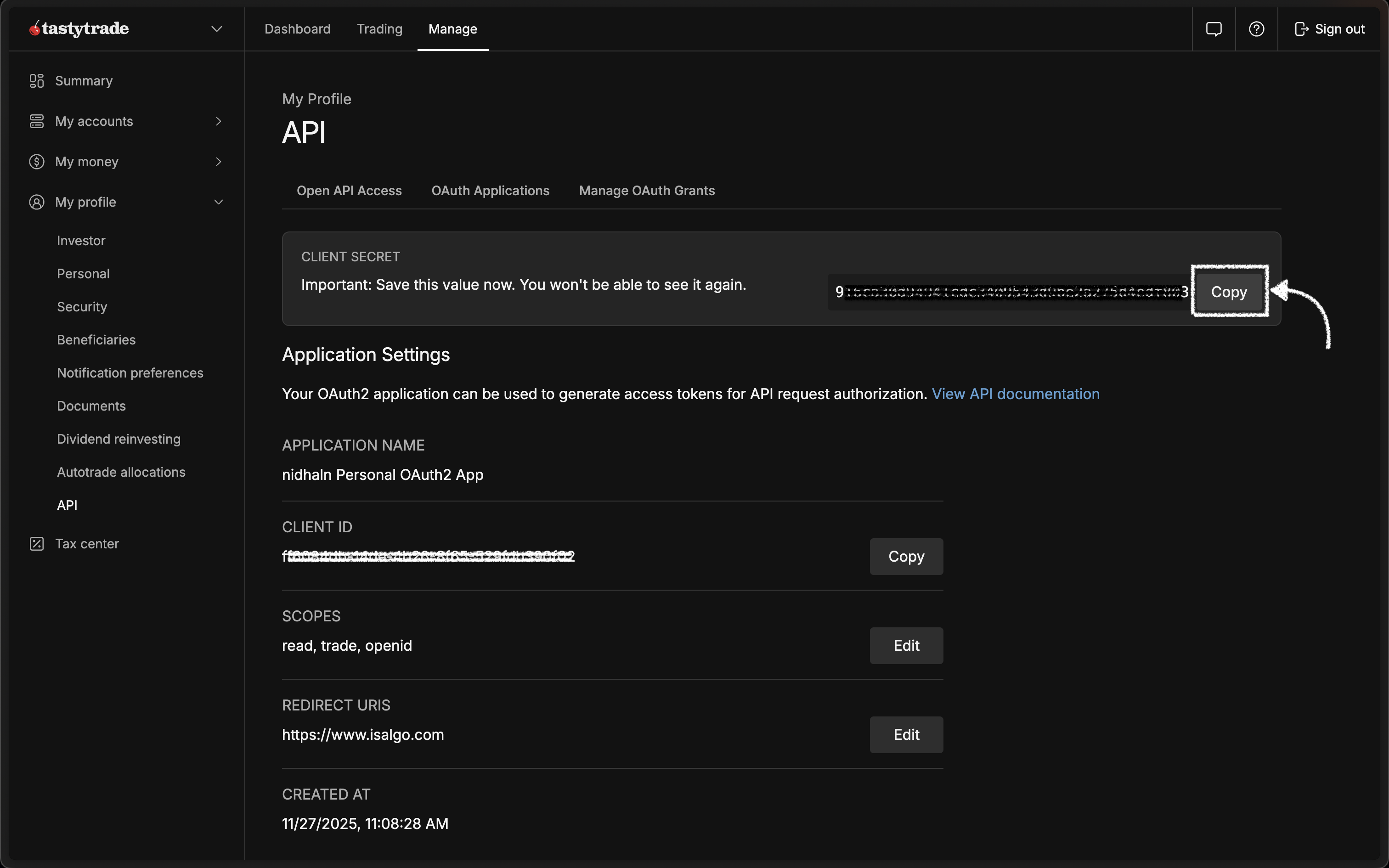 Tastytrade - Client Secret